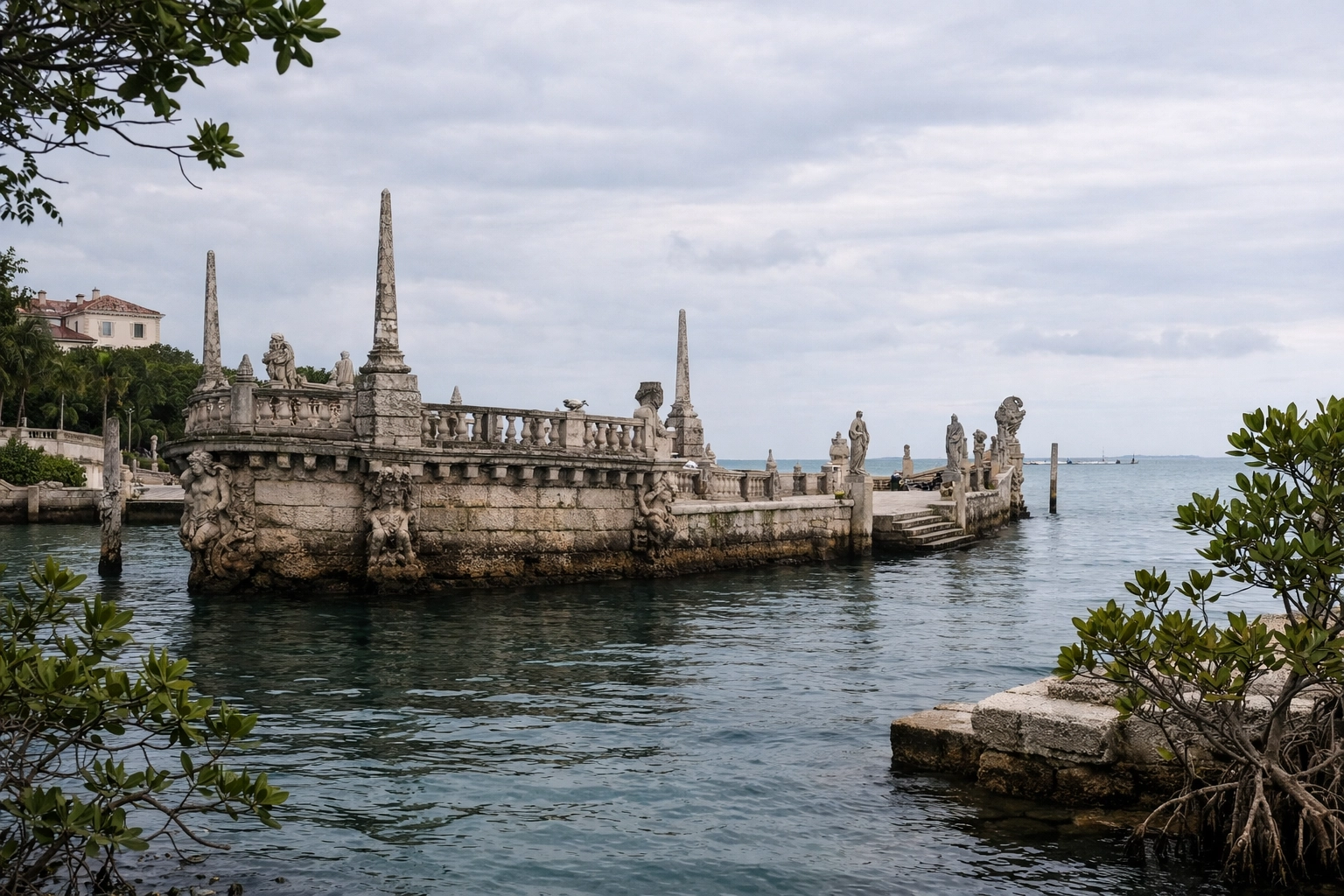 Historic stone barge at Vizcaya Museum and Gardens, one of the top miami hidden gems for photography.