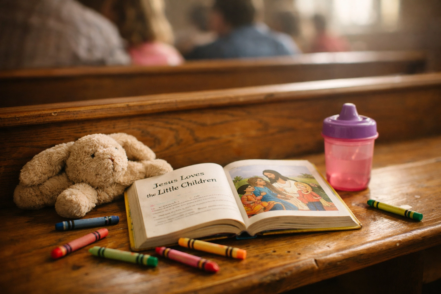 Children's Bible, crayons, and toys on church pew showing real family worship experience