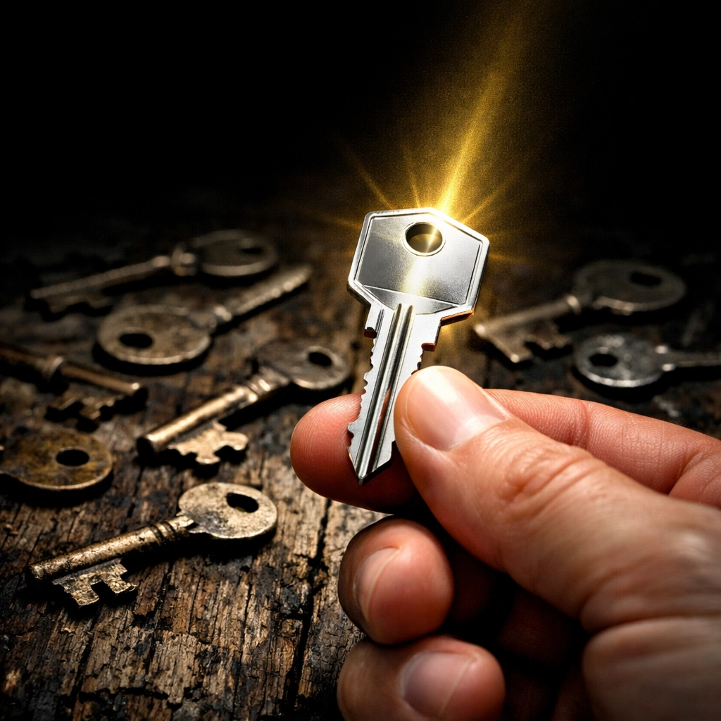 Person holding a new house key over a pile of old keys to represent residential rekeying services.