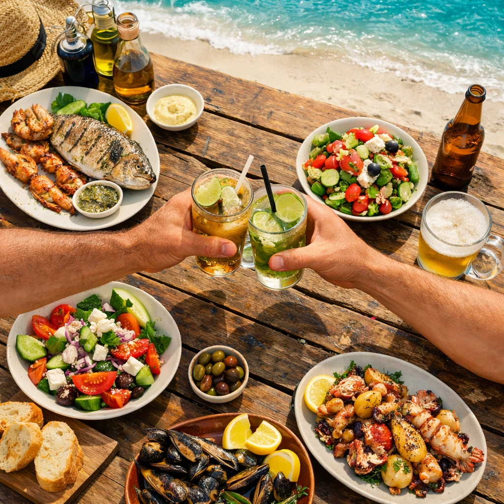 Mediterranean seafood and drinks at Es Cavallet beach chiringuito in Ibiza