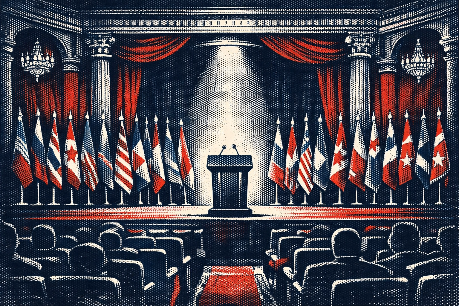 International conference hall with flags and podium at Munich Security Conference