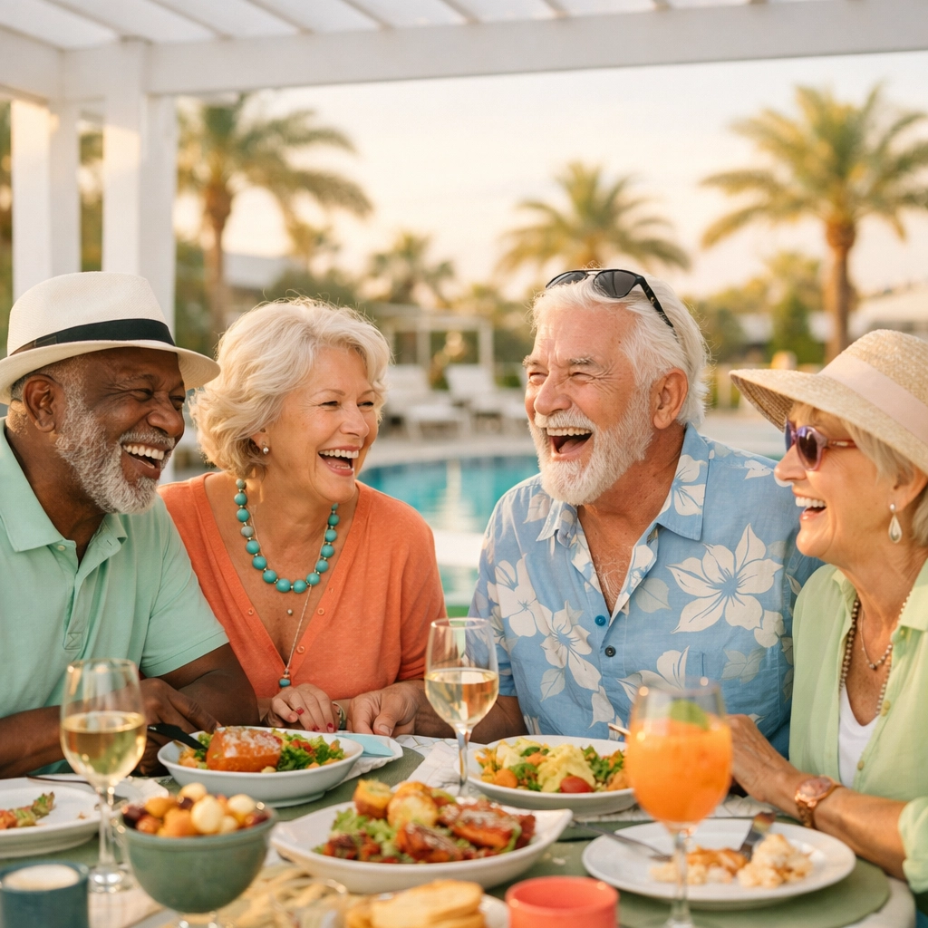 Active seniors sharing a meal at a resort-style senior living community patio in Sarasota, Florida.