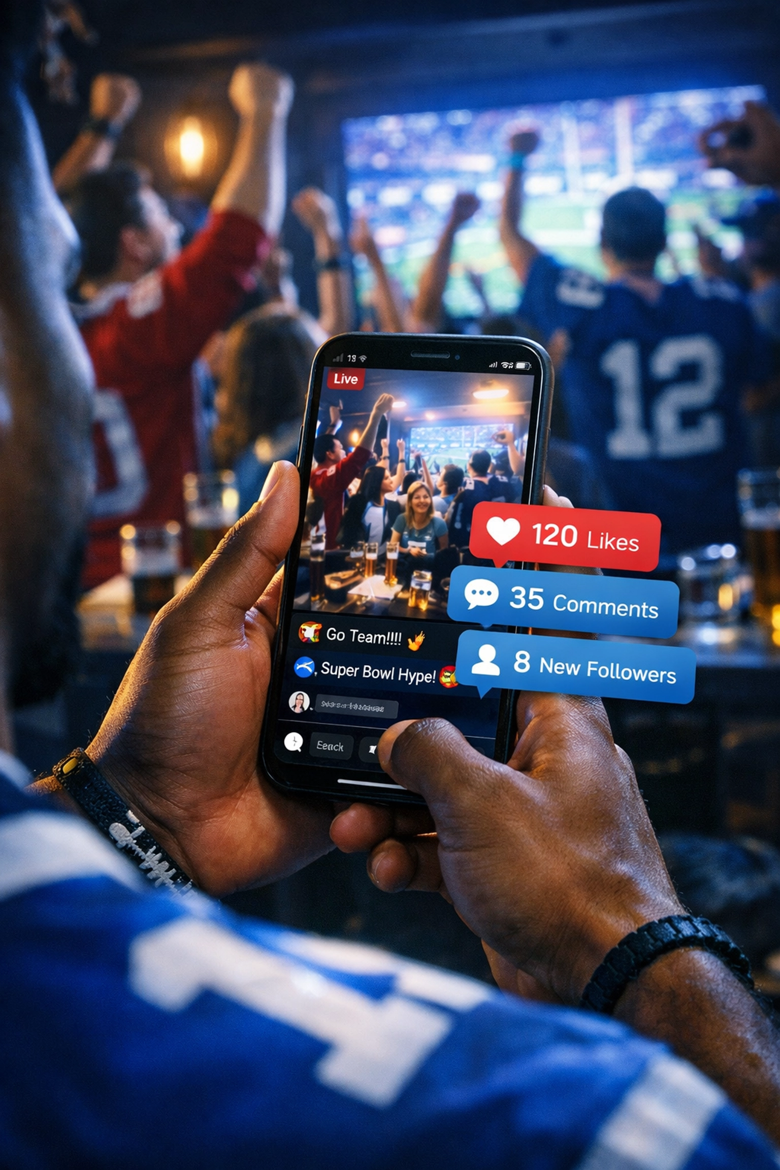 College athlete engaging fans on social media during Super Bowl watch party