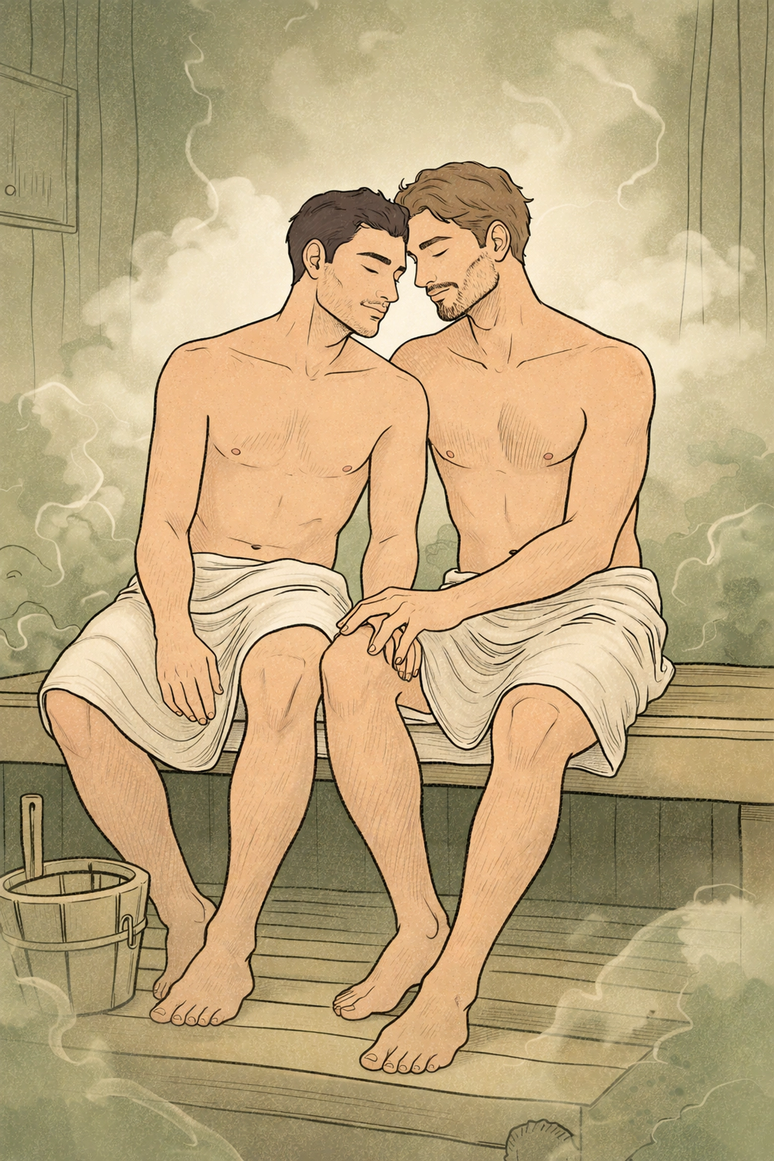Two men sharing an intimate moment on a sauna bench, representing connection in gay romance fiction
