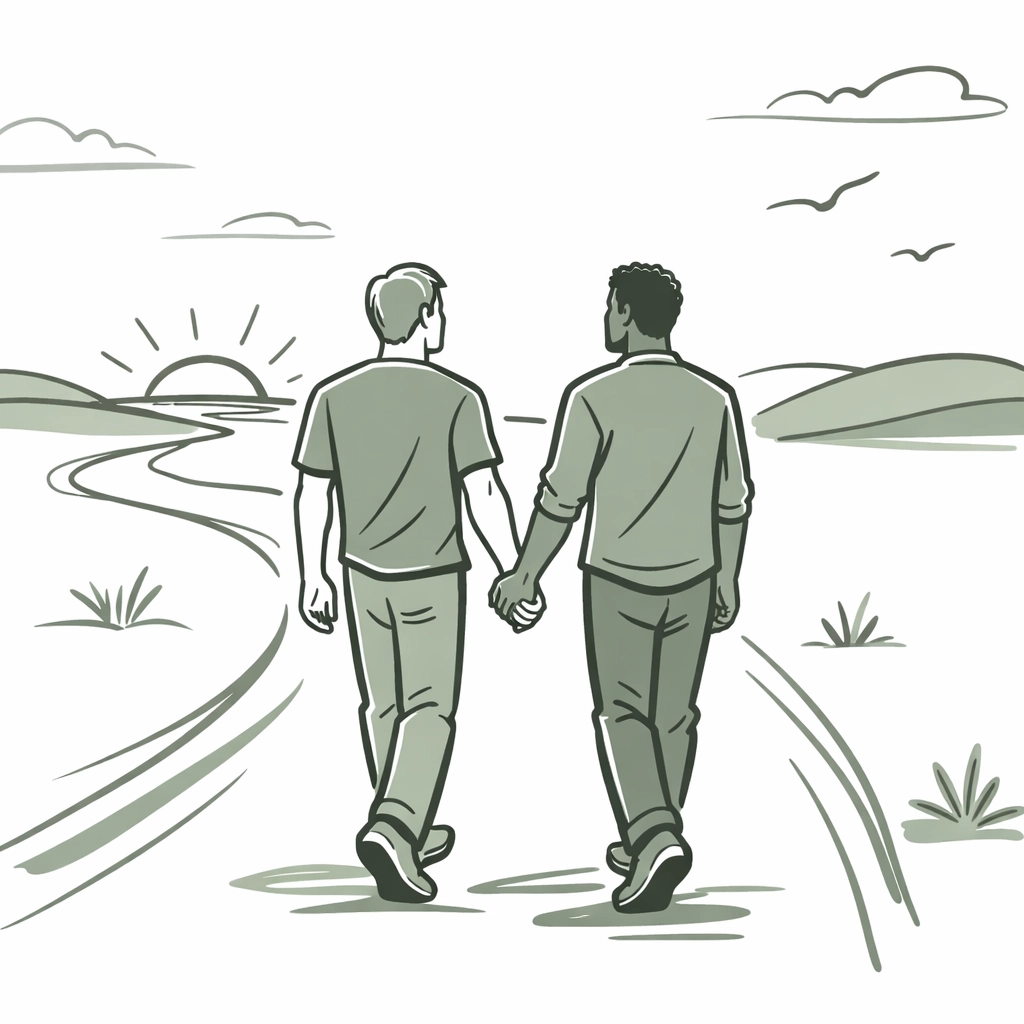Men holding hands on a path, representing a new journey of authentic living and gay love stories.