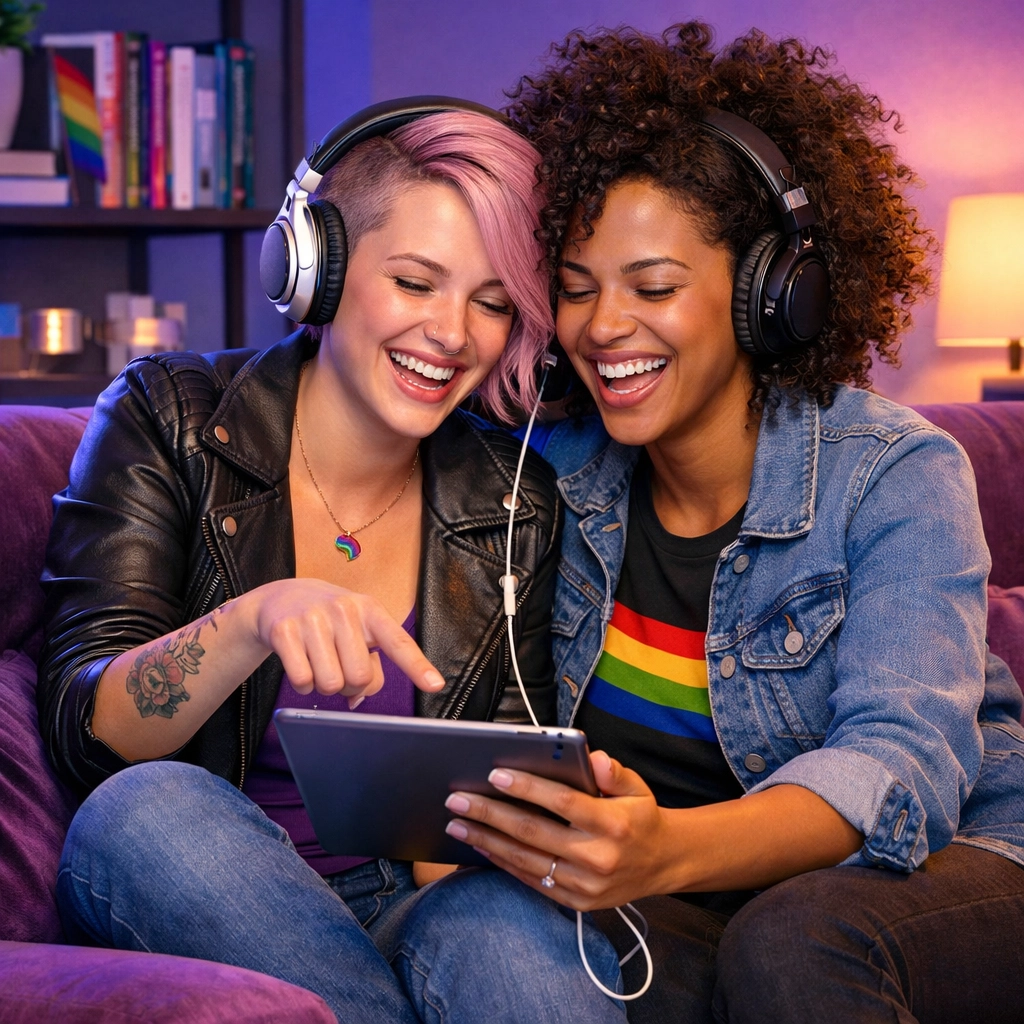 Two women laughing while enjoying queer fiction on a tablet, highlighting the LGBTQ+ reader community.