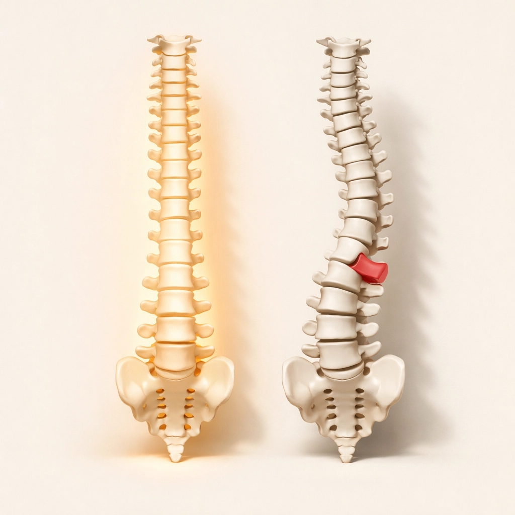 Comparison of aligned vs misaligned spine showing chiropractic adjustment effects on vertebrae