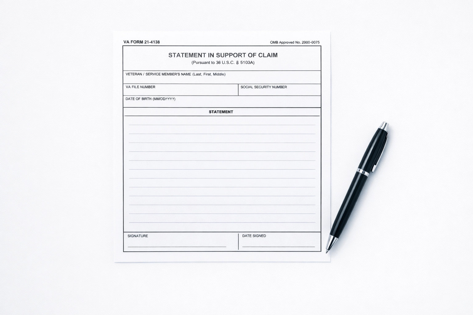 VA Form 21-4138 buddy statement form with pen ready for completion VA Form 21-4138 buddy statement form with pen ready for completion