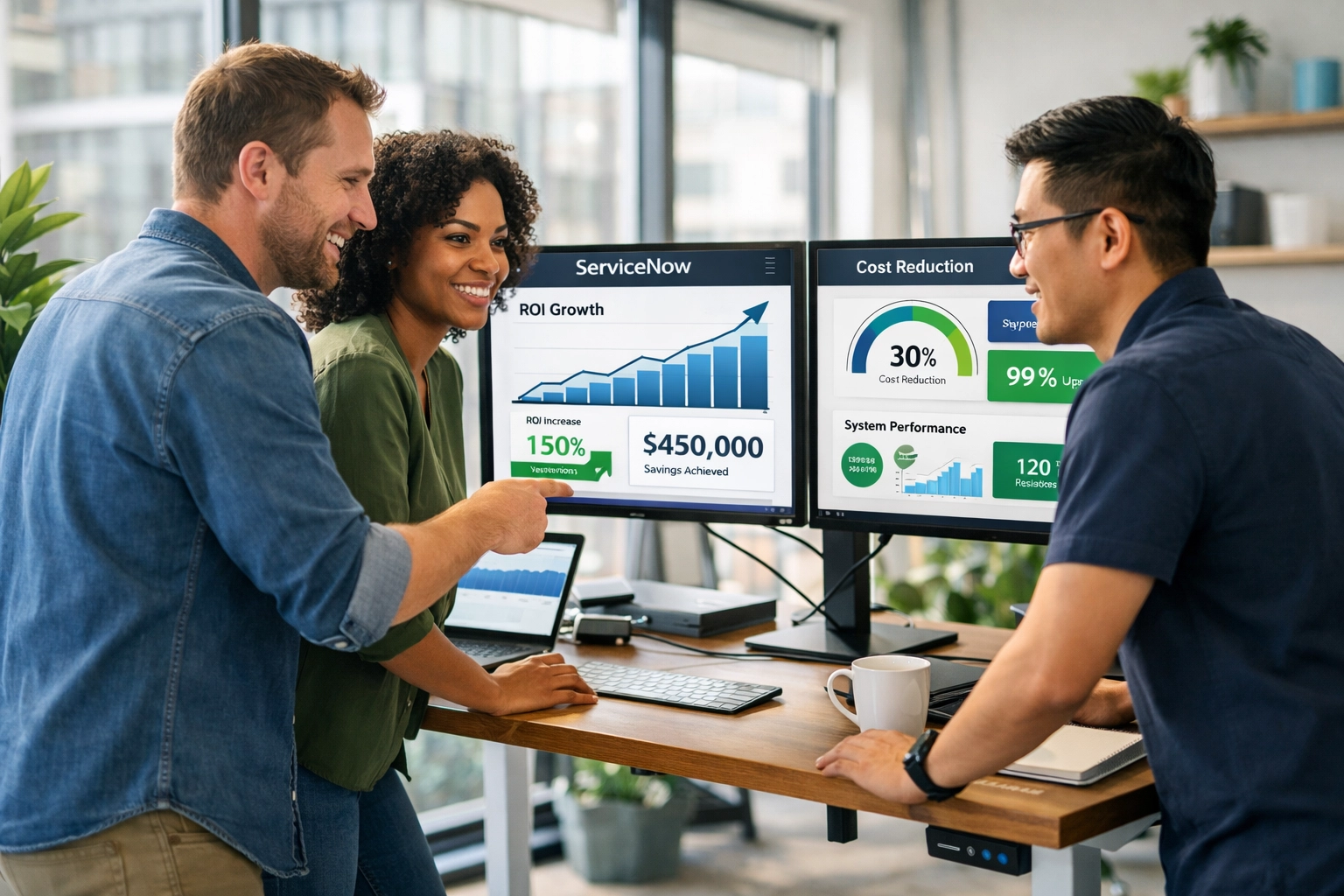 IT team reviewing ServiceNow ITOM ROI dashboards showing 40% operational cost reduction metrics