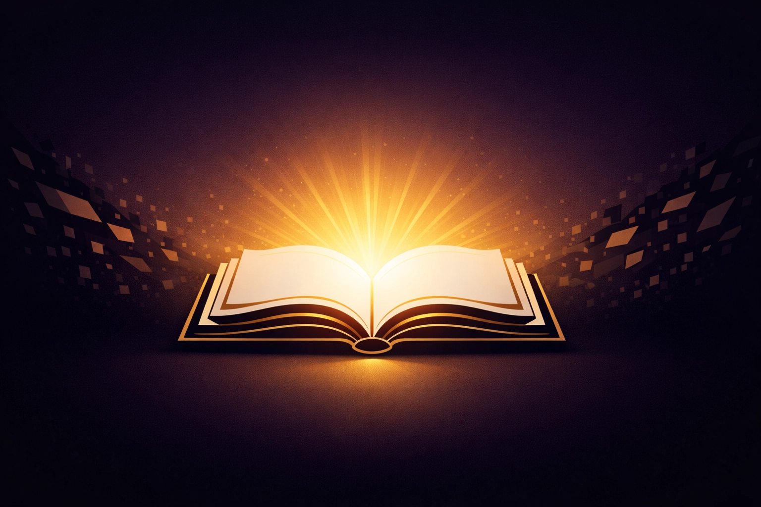 Glowing open Bible pushing back digital fragments to represent faith in a high-tech world.