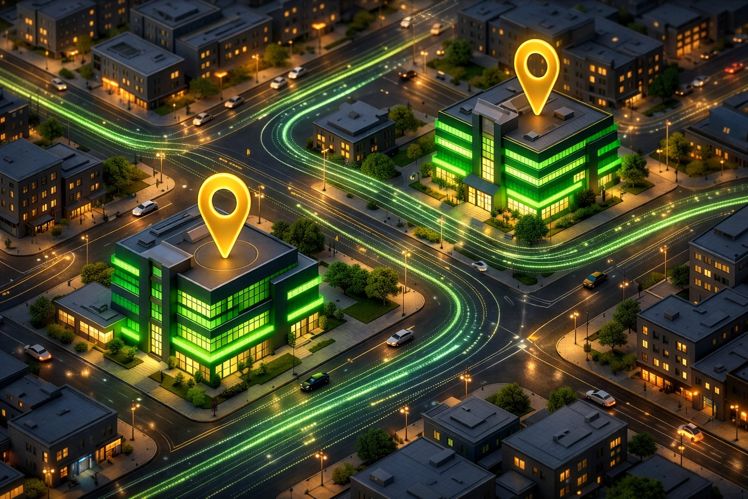 Digital map highlighting medical marijuana clinics with gold location pins in a professional urban setting.