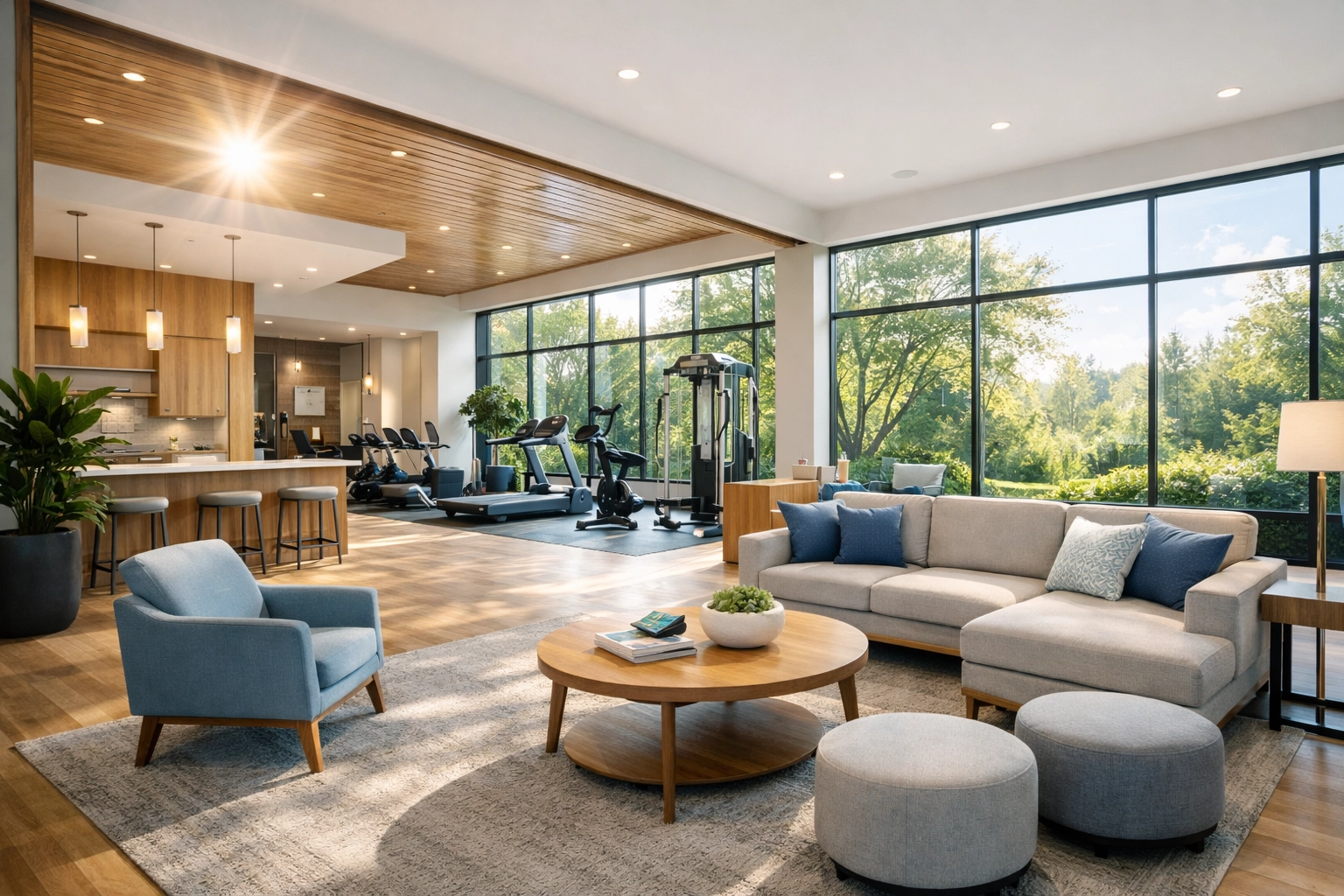 Modern treatment facility common area with natural light and contemporary therapeutic design