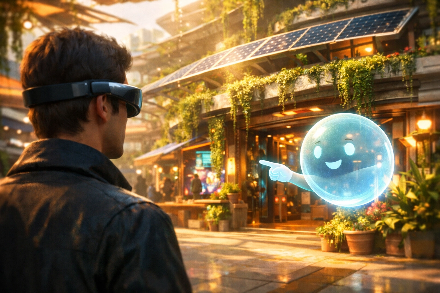 A user in the metaverse using a Larecoin.ai assistant to shop at ethical and sustainable Web3 businesses.