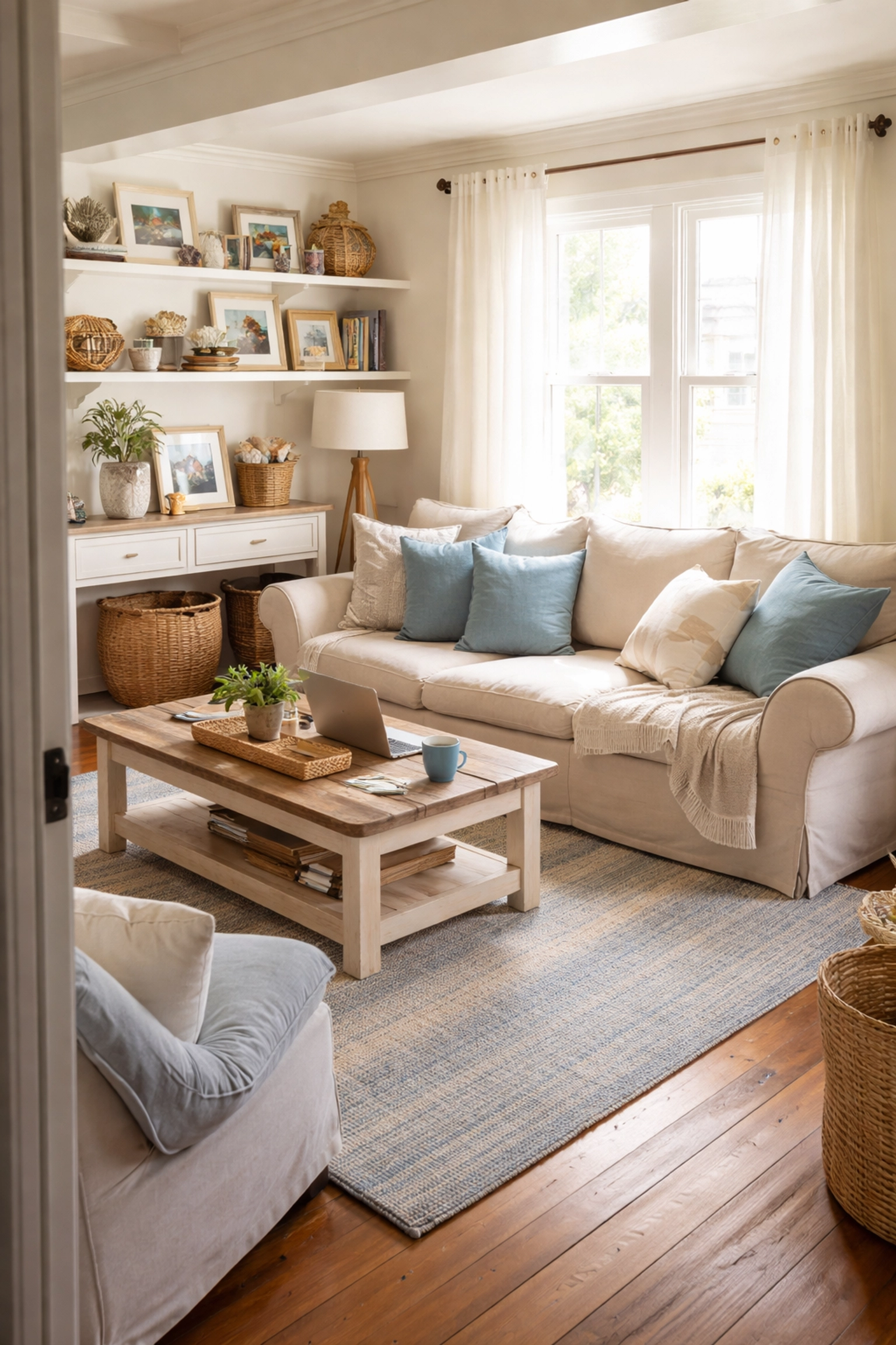 Inviting Cape Cod living room filled with personal belongings, highlighting the importance of property replacement cost in home insurance.