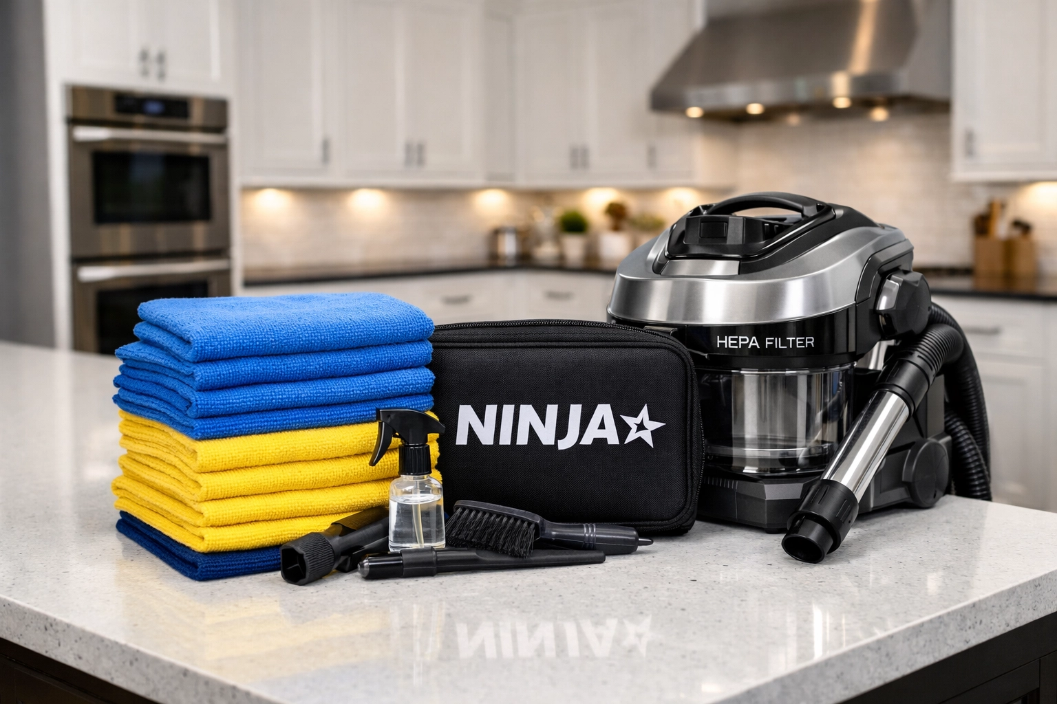 Organized professional tools and HEPA vacuum ready for a weekly house cleaning service in a Hudson kitchen.