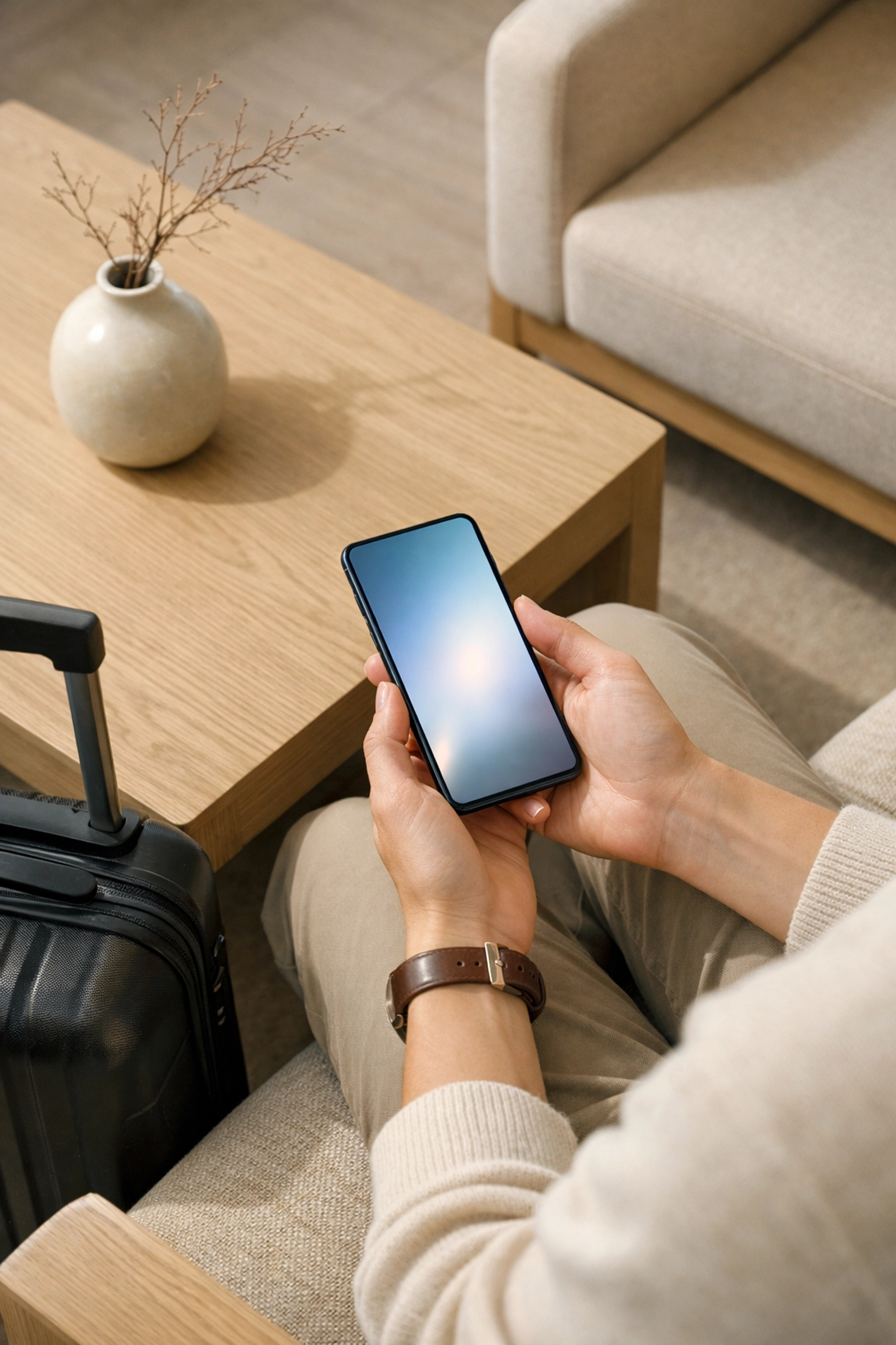 A traveler uses a smartphone for personalized guest experiences in a minimalist hotel lounge.