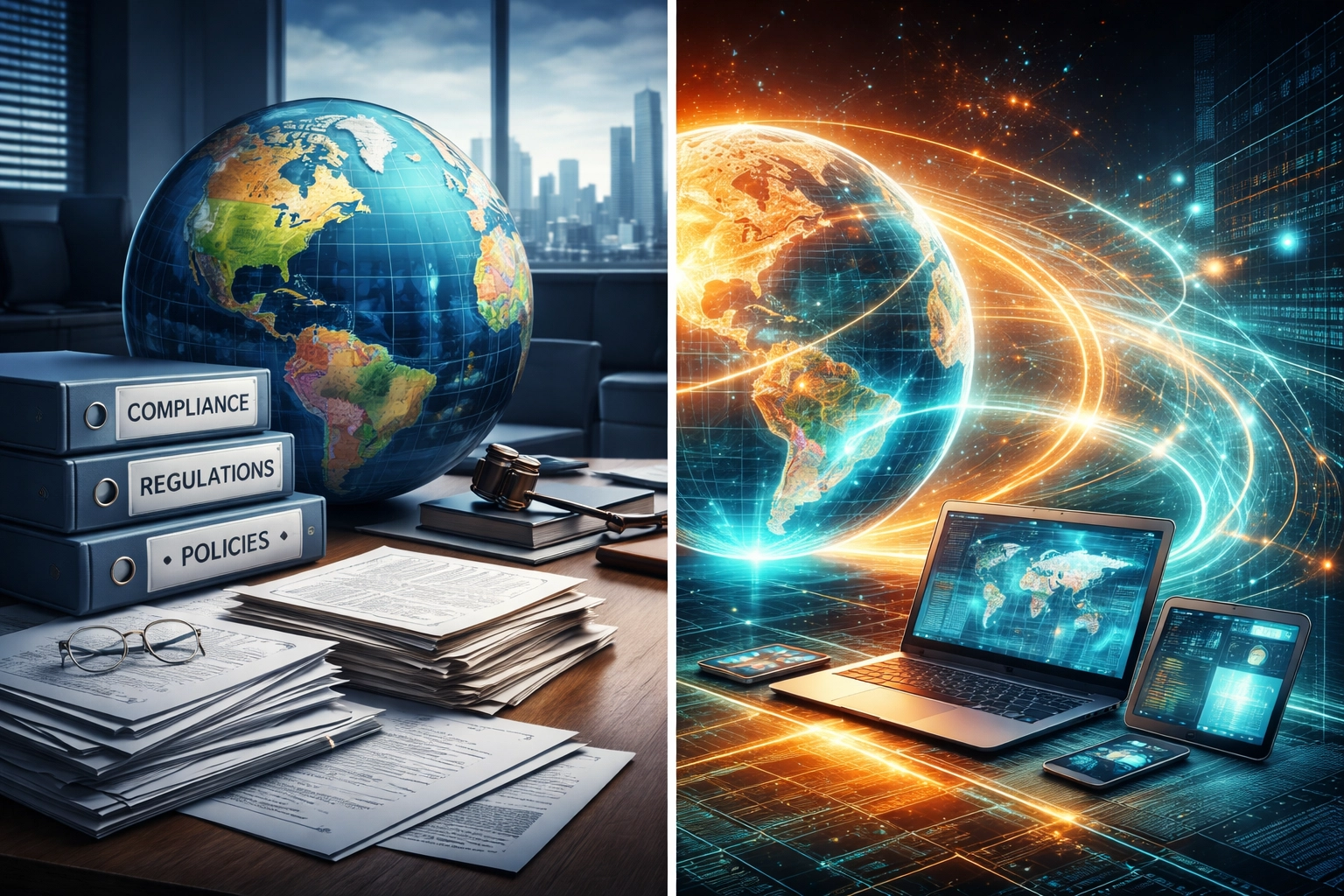 Traditional office versus digital cross-border transfer, illustrating compliance challenges for institutional investors