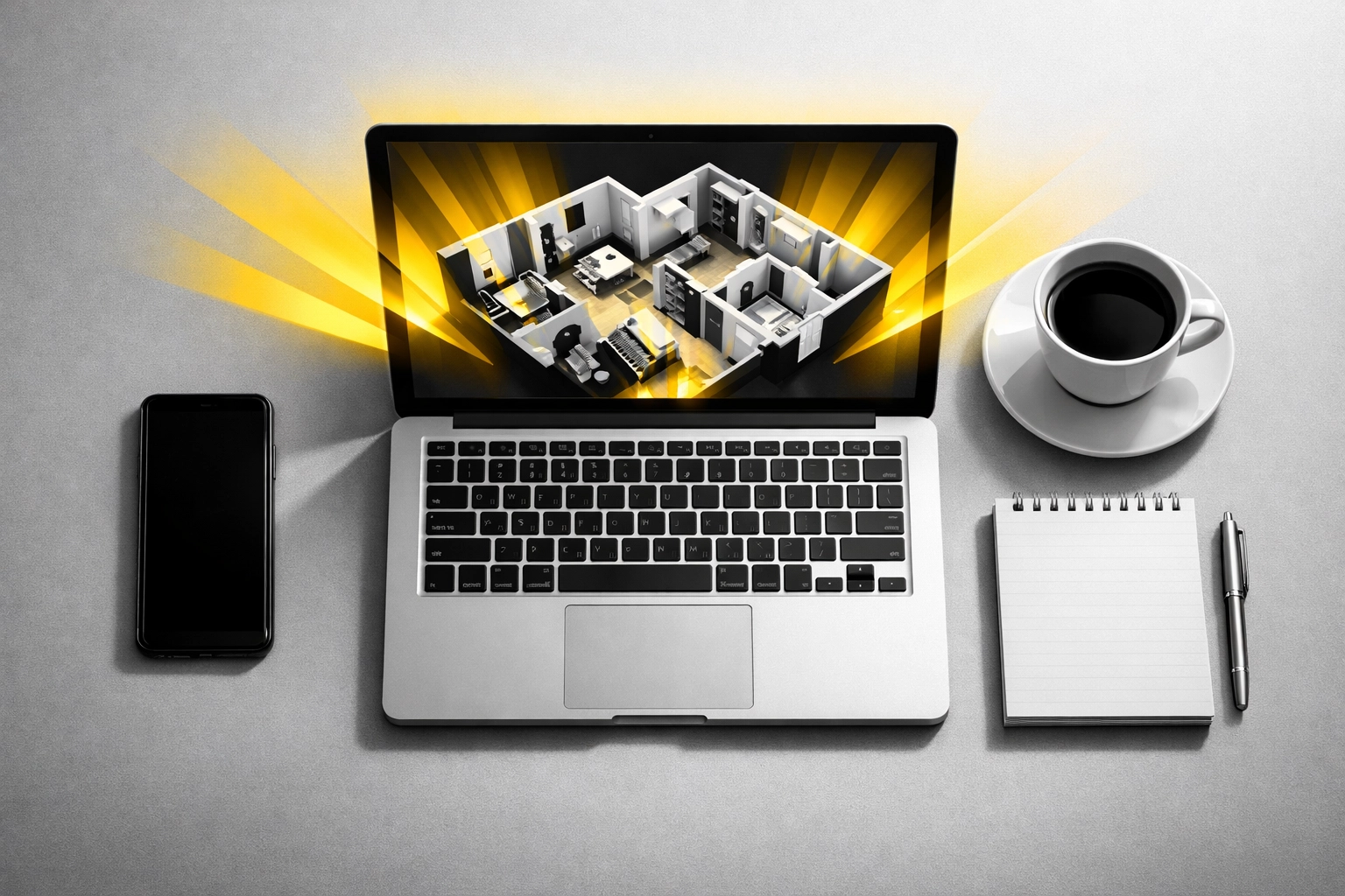 Laptop showing Matterport 3D floor plan for real estate property marketing