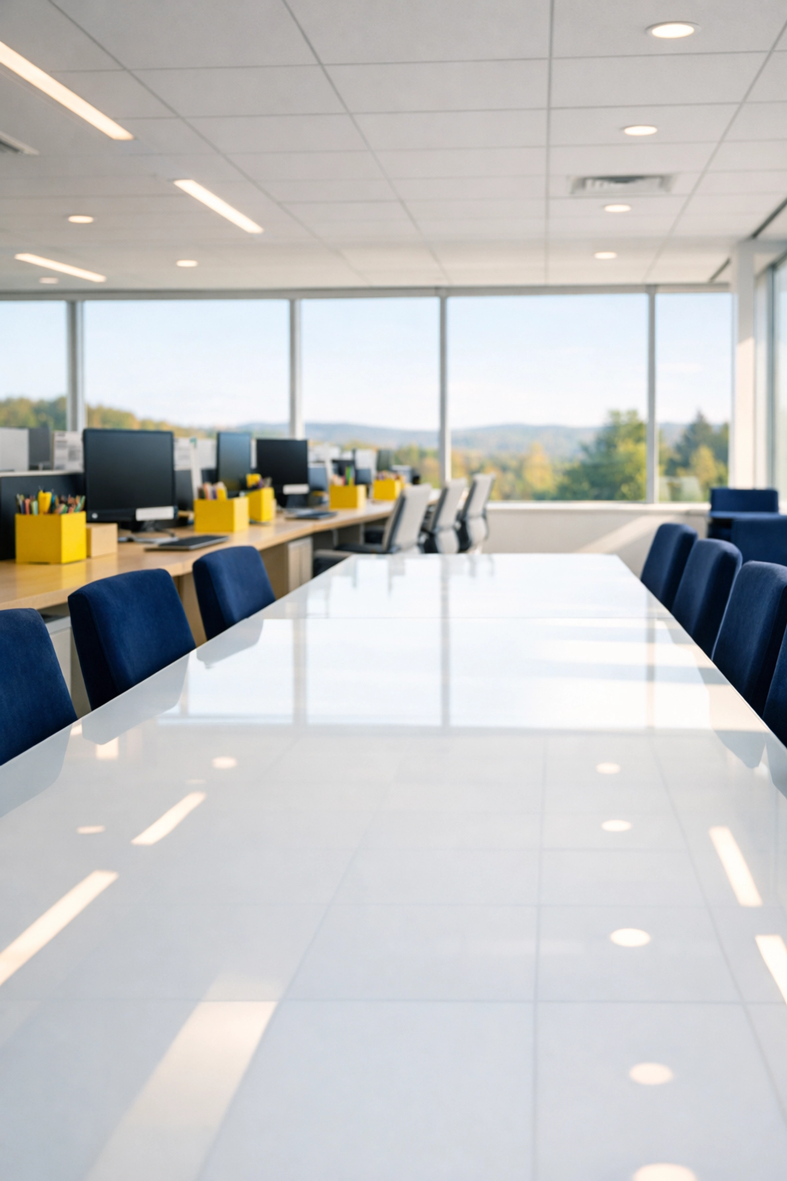Sunlit open-plan office in Pembroke featuring professionally cleaned desks and polished conference tables.