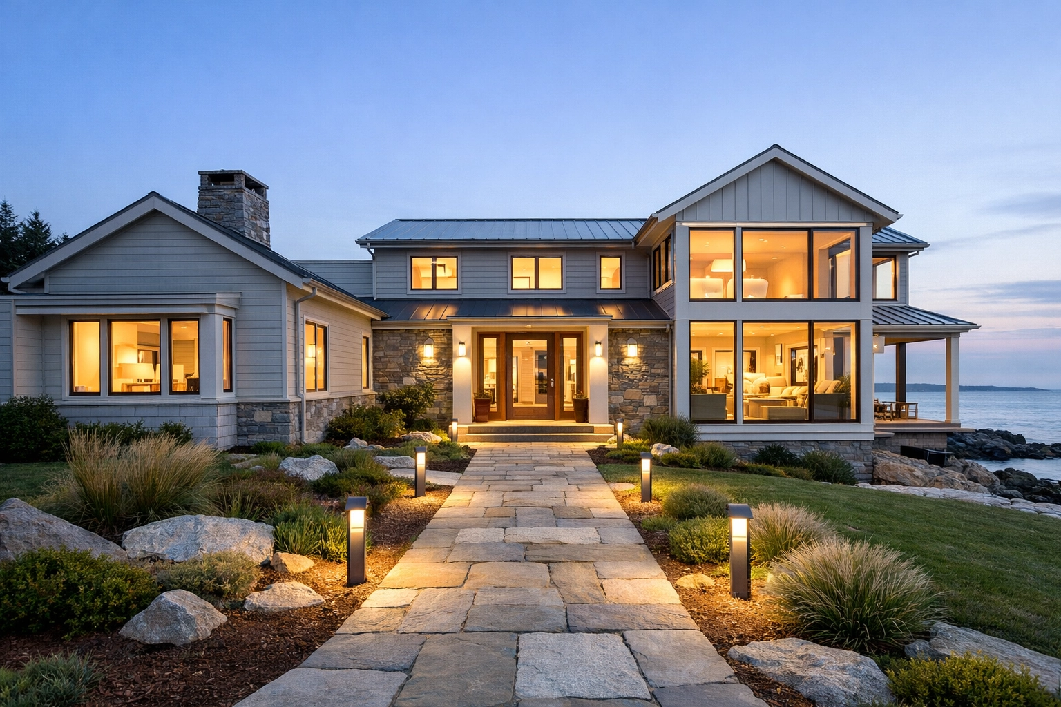 Elegant exterior lighting on a safe and modern coastal home in Rockland Maine.