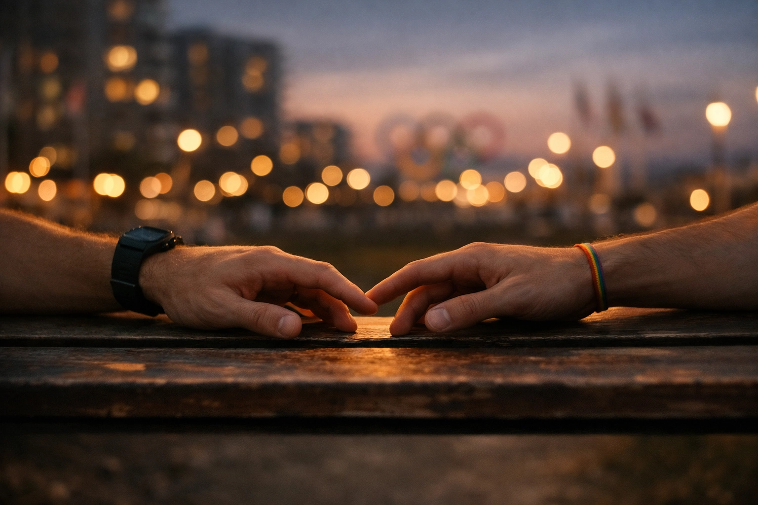 Two male athletes' hands nearly touching with rainbow pride bracelet at Olympic Village