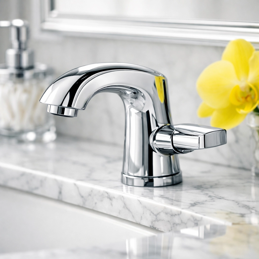 Polished chrome faucet and marble vanity in a luxury Chatham bathroom showing professional cleaning detail.