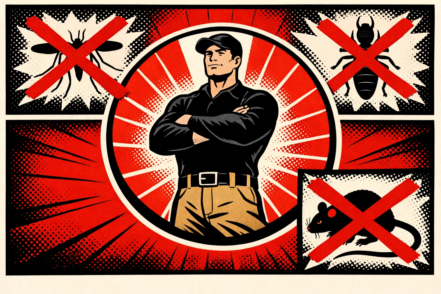 Pest X technician illustration showing complete protection from termites, rodents, and mosquitoes in Alabama.