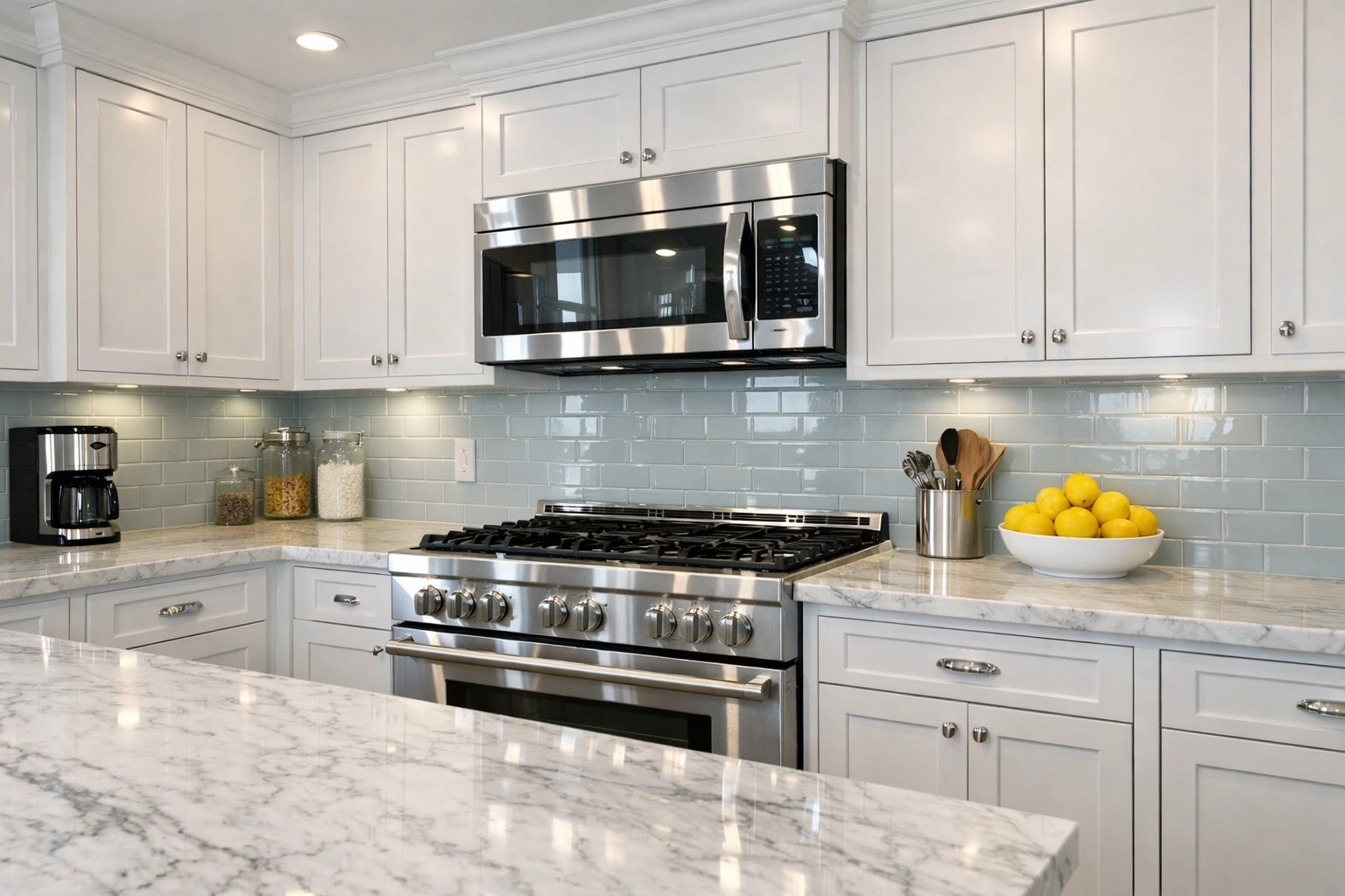 Spotless luxury kitchen in Leominster MA with sparkling countertops and clean stainless steel appliances.