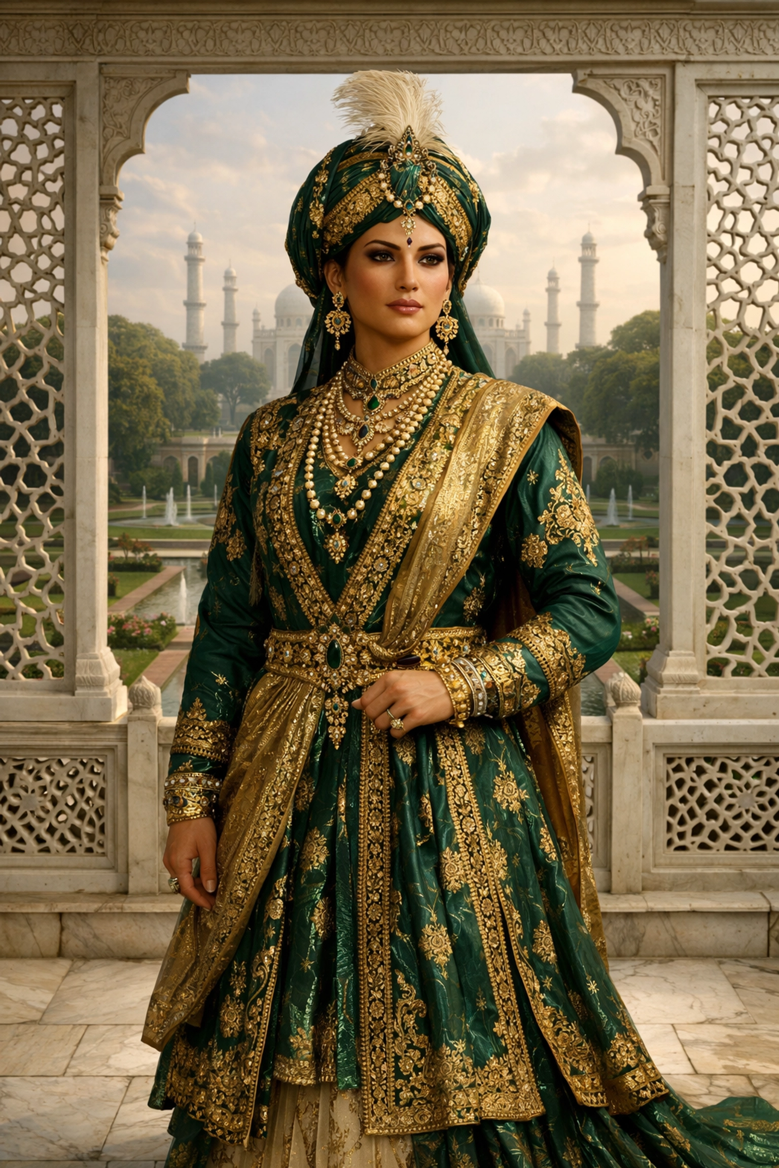 A powerful non-binary Khwajasara figure in royal Mughal silk garments standing on a marble terrace.