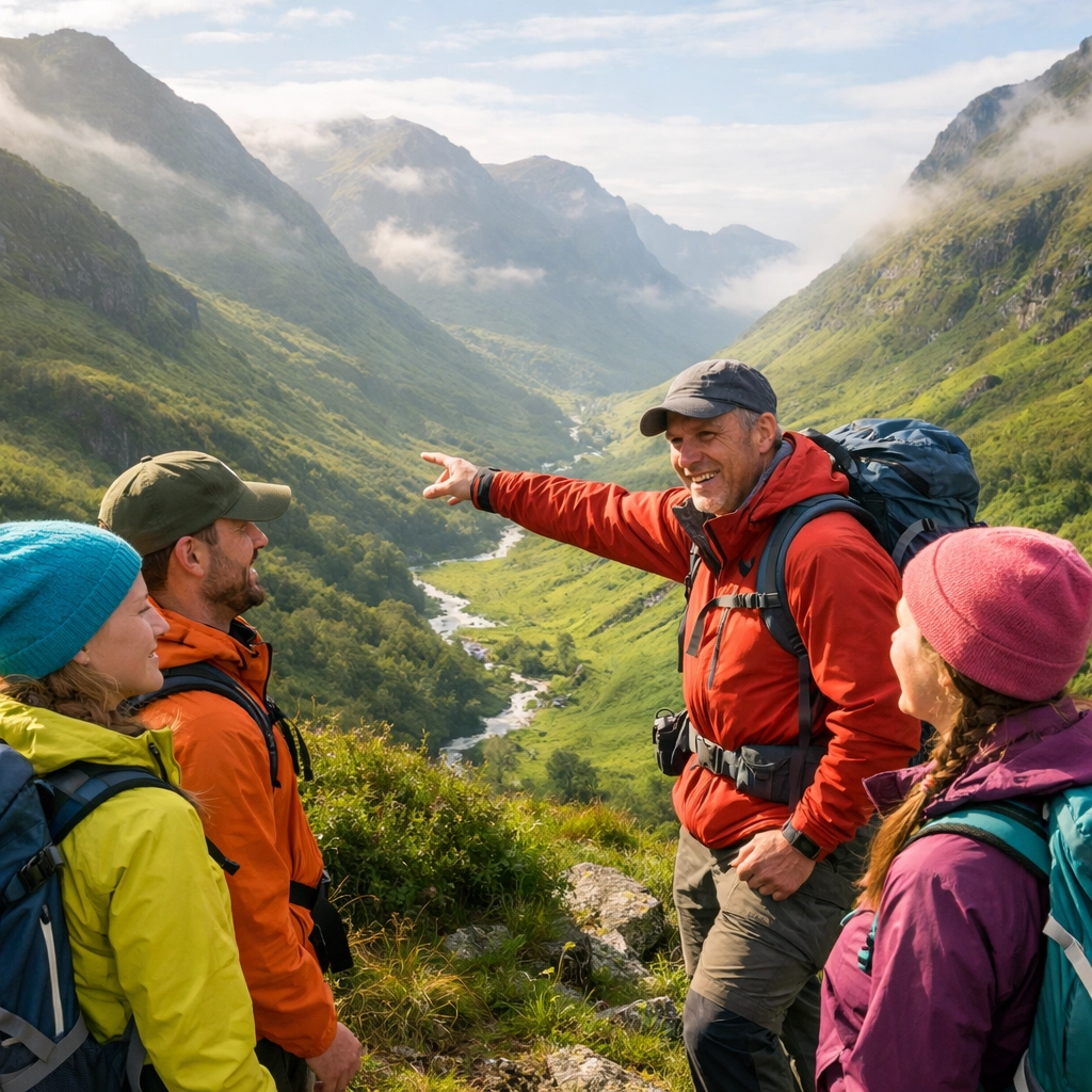 A group of hikers enjoys a guided tour on a scenic ridge in the Scottish Highlands.
