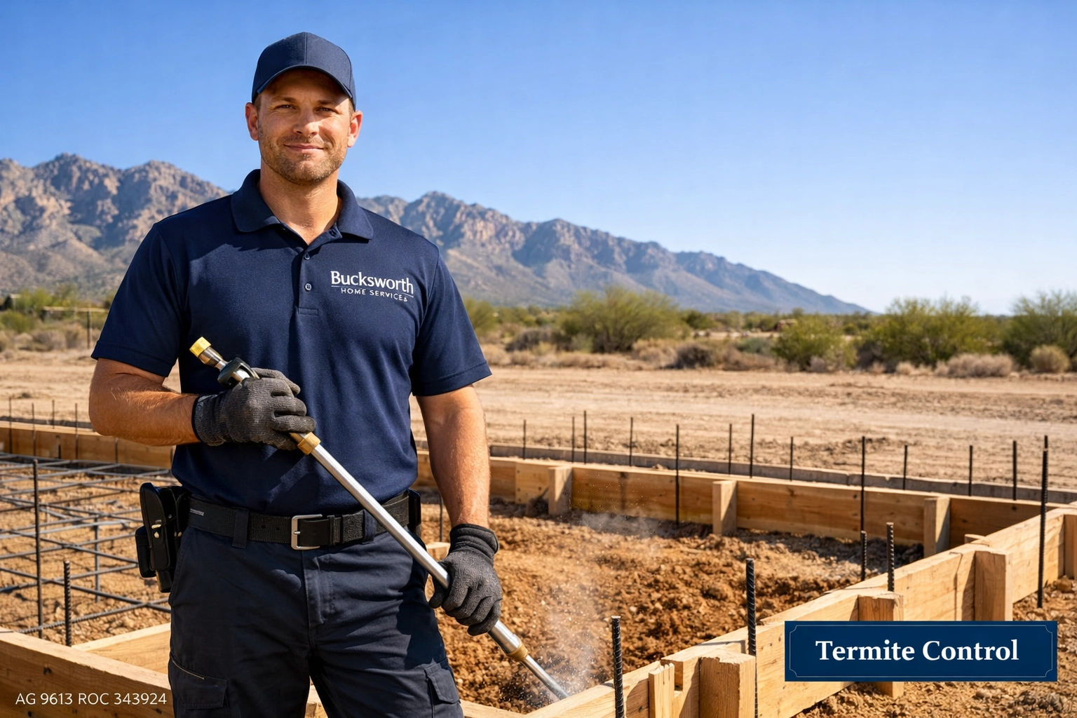 Bucksworth Home Services technician applying pre-construction under-slab termite protection in Tucson, AZ.