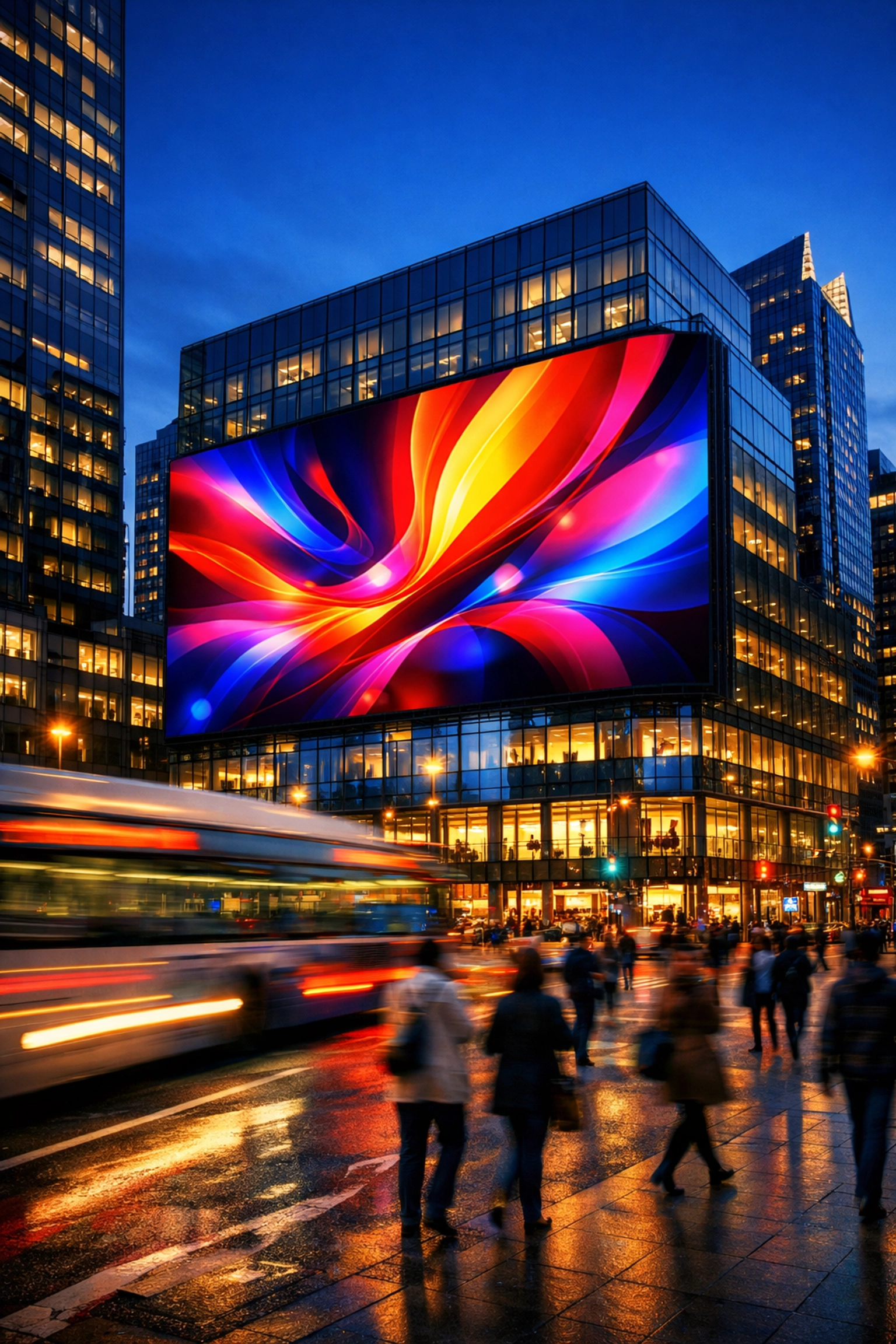 A massive digital out-of-home DOOH billboard in a high-traffic urban city center at dusk.