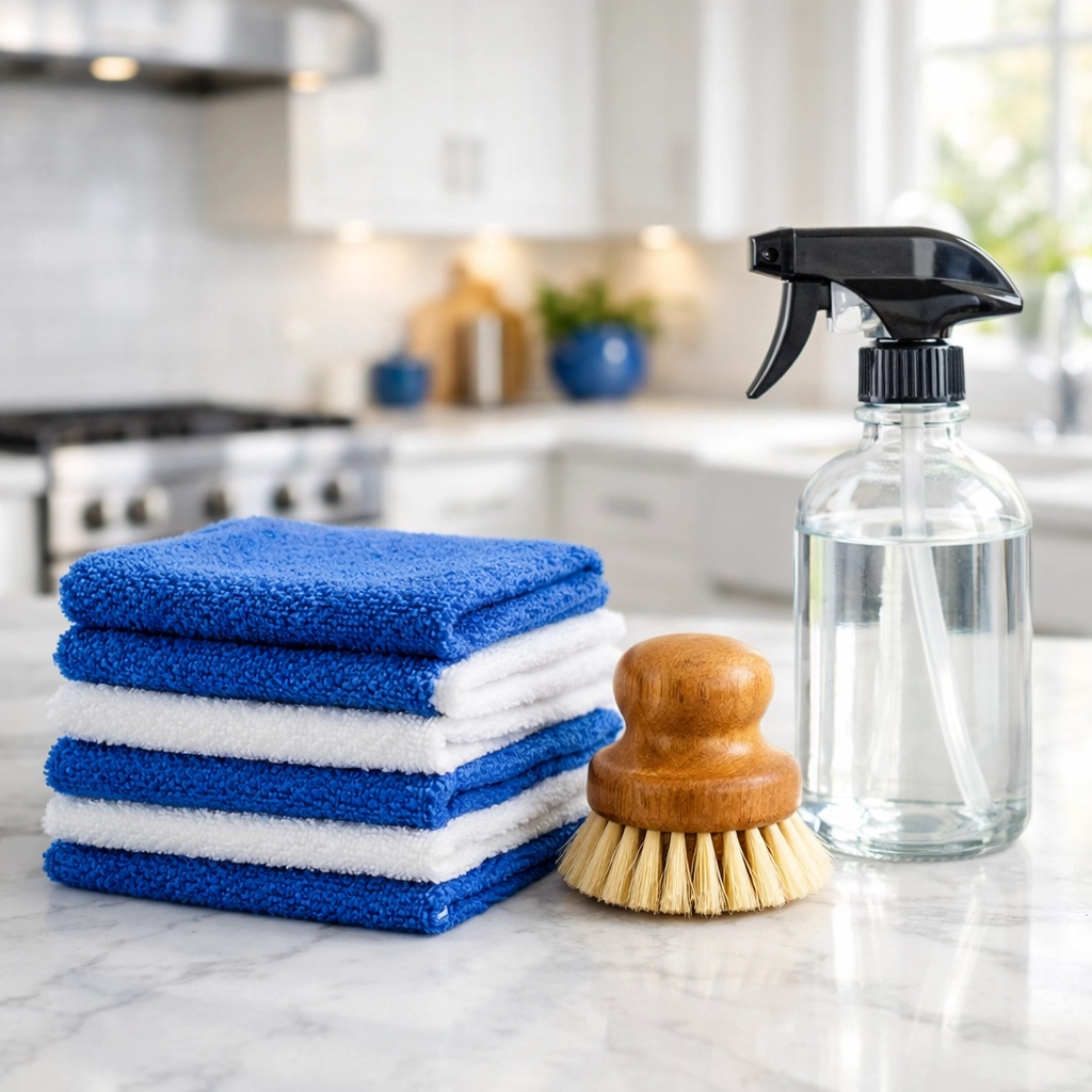 Stack of reusable blue microfiber cloths and a wooden brush on a marble kitchen counter.