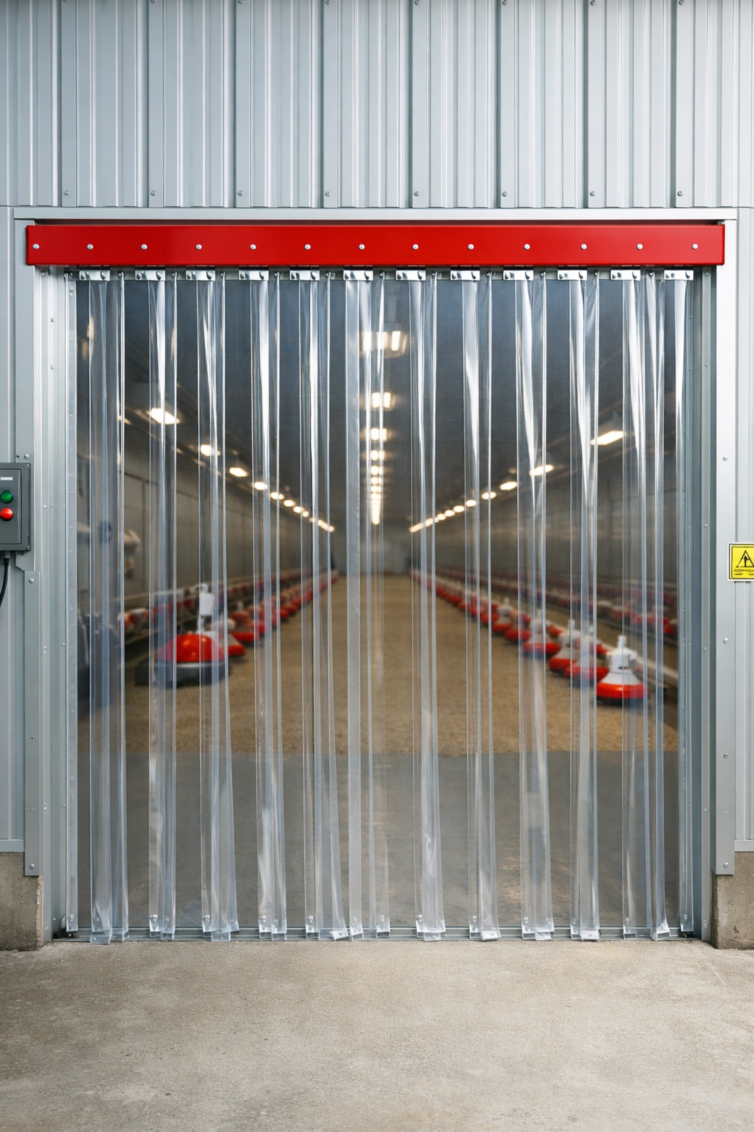 Heavy-duty PVC strip curtains at a poultry shed entrance for biosecurity and temperature control.