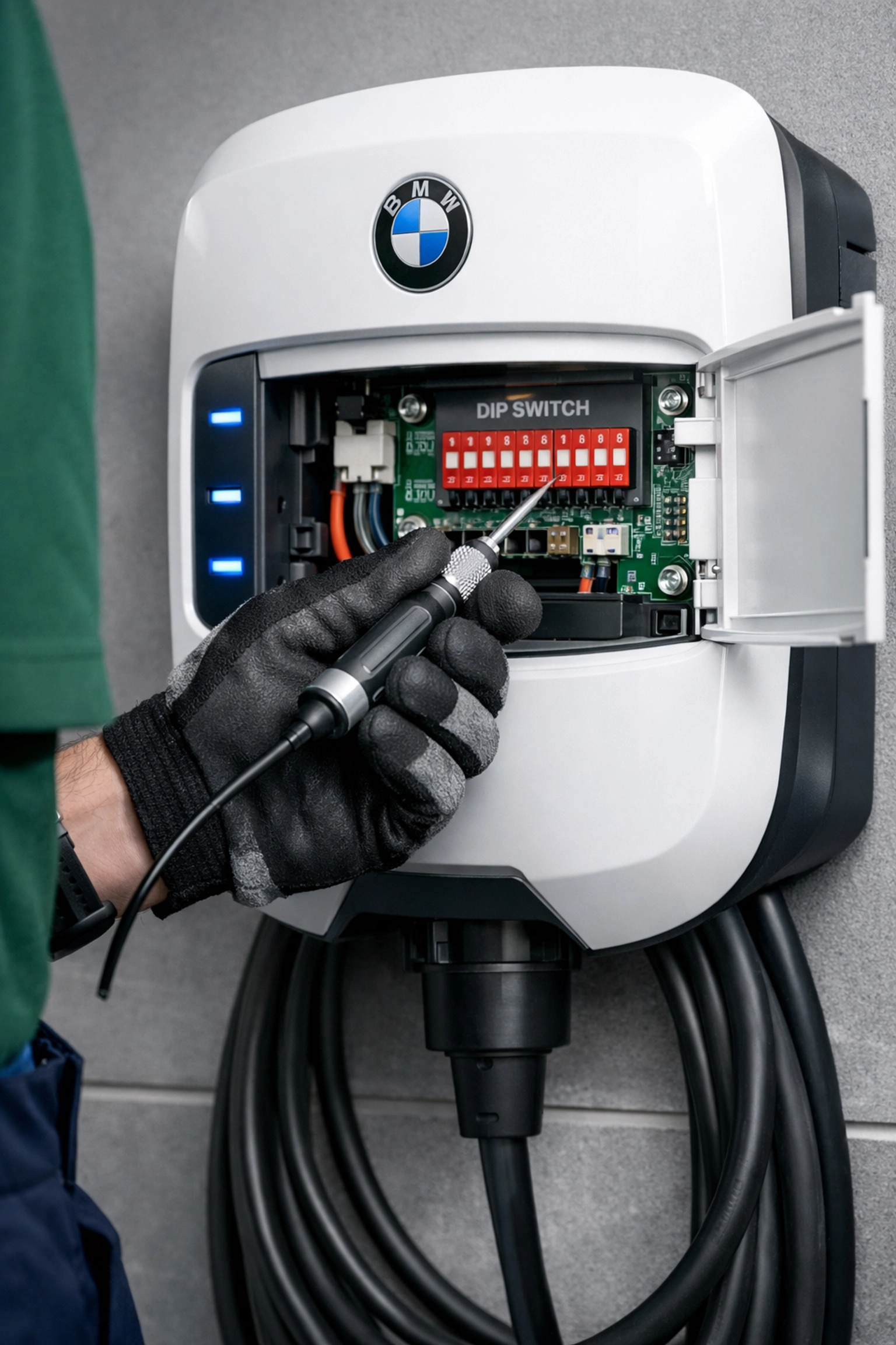 Electrician configuring BMW Wallbox DIP switches for proper charging amperage in Northern Virginia garage