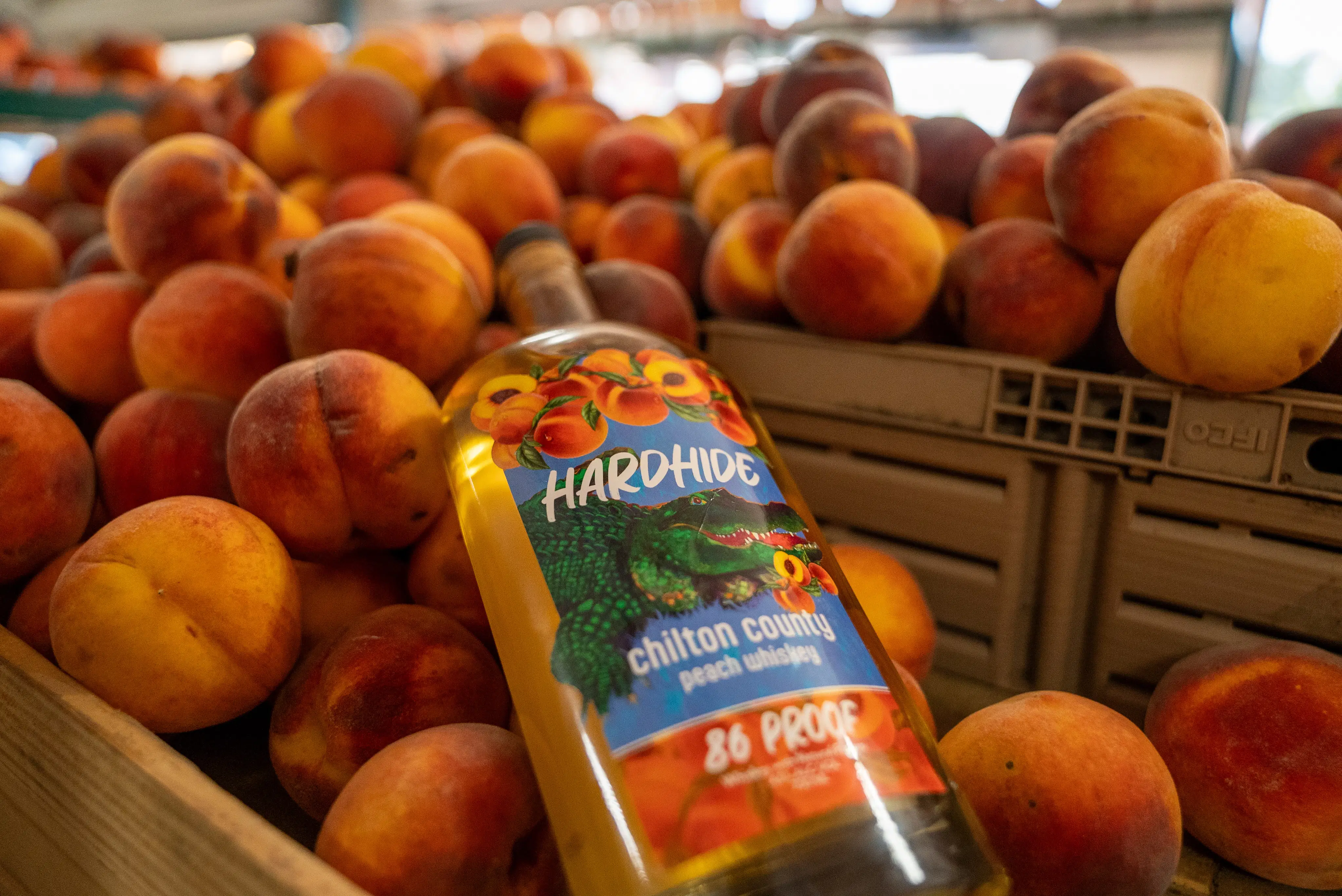 A bottle of HardHide Chilton County Peach Whiskey on fresh peaches from family farms