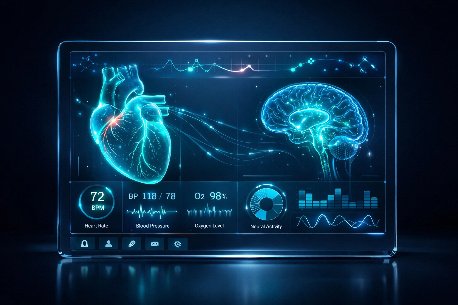 Futuristic medical dashboard with glowing health data, a key tool for a modern pharma digital marketing agency.