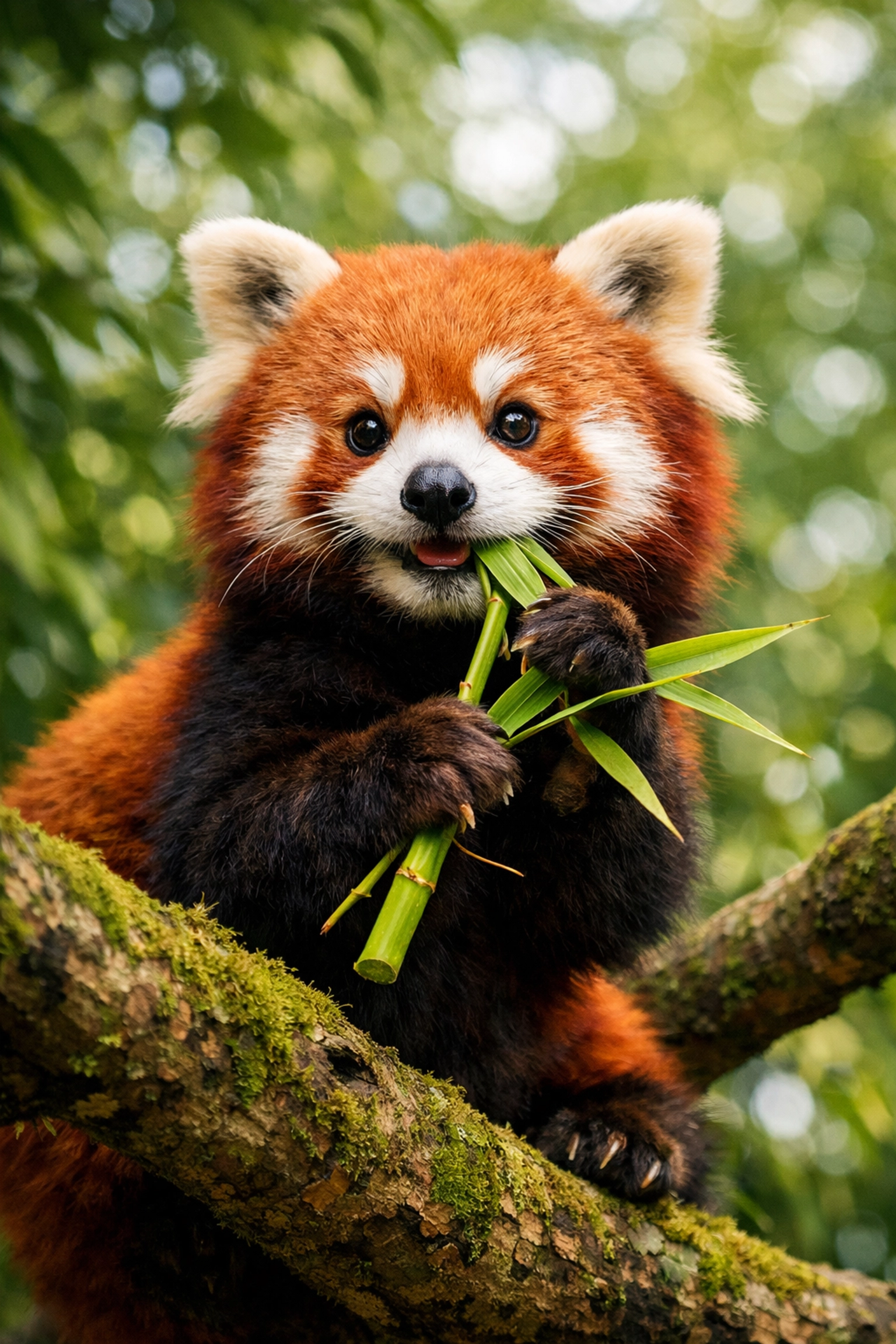 Red panda holding bamboo on branch showing engaging zoo animal personality