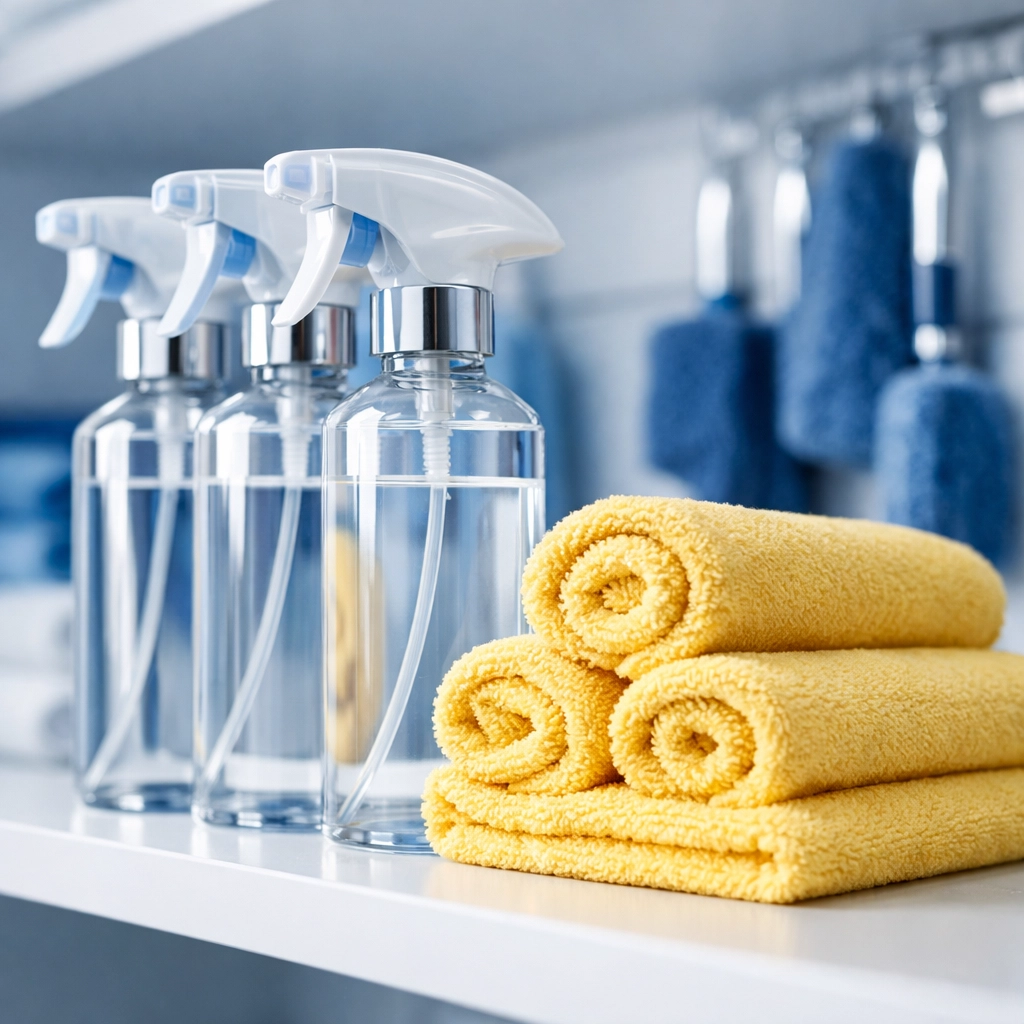 Professional-grade supplies used by eco-friendly house cleaning services in MA for a healthy home environment.