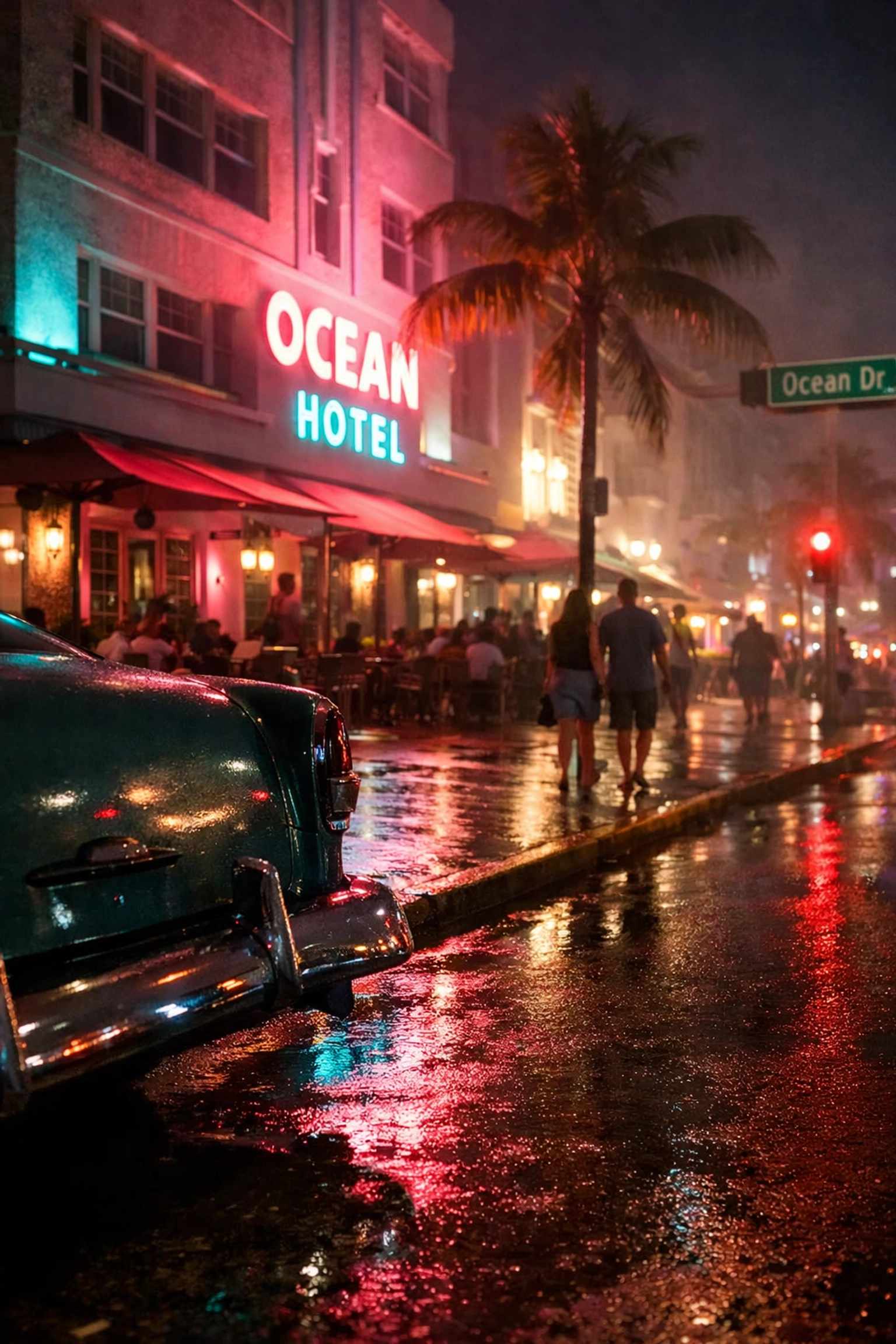 Iconic South Beach neon lights and vintage cars along Ocean Drive in the Art Deco district at night.