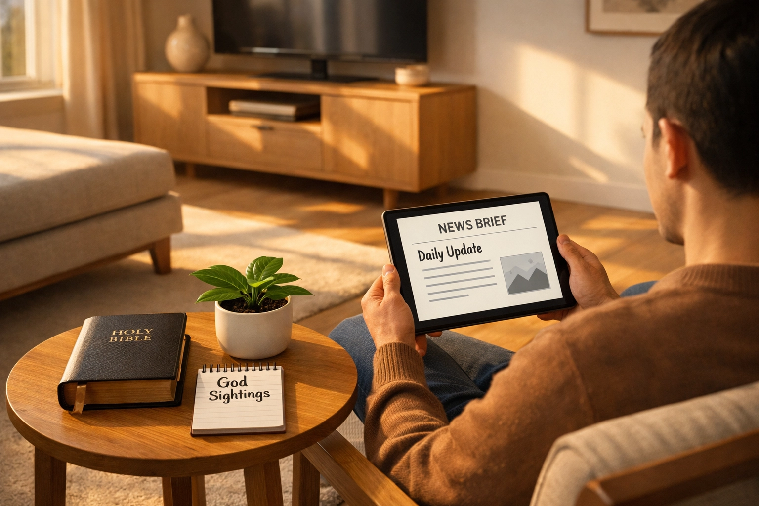 Peaceful 5 PM news reading with Bible and God Sightings journal in living room