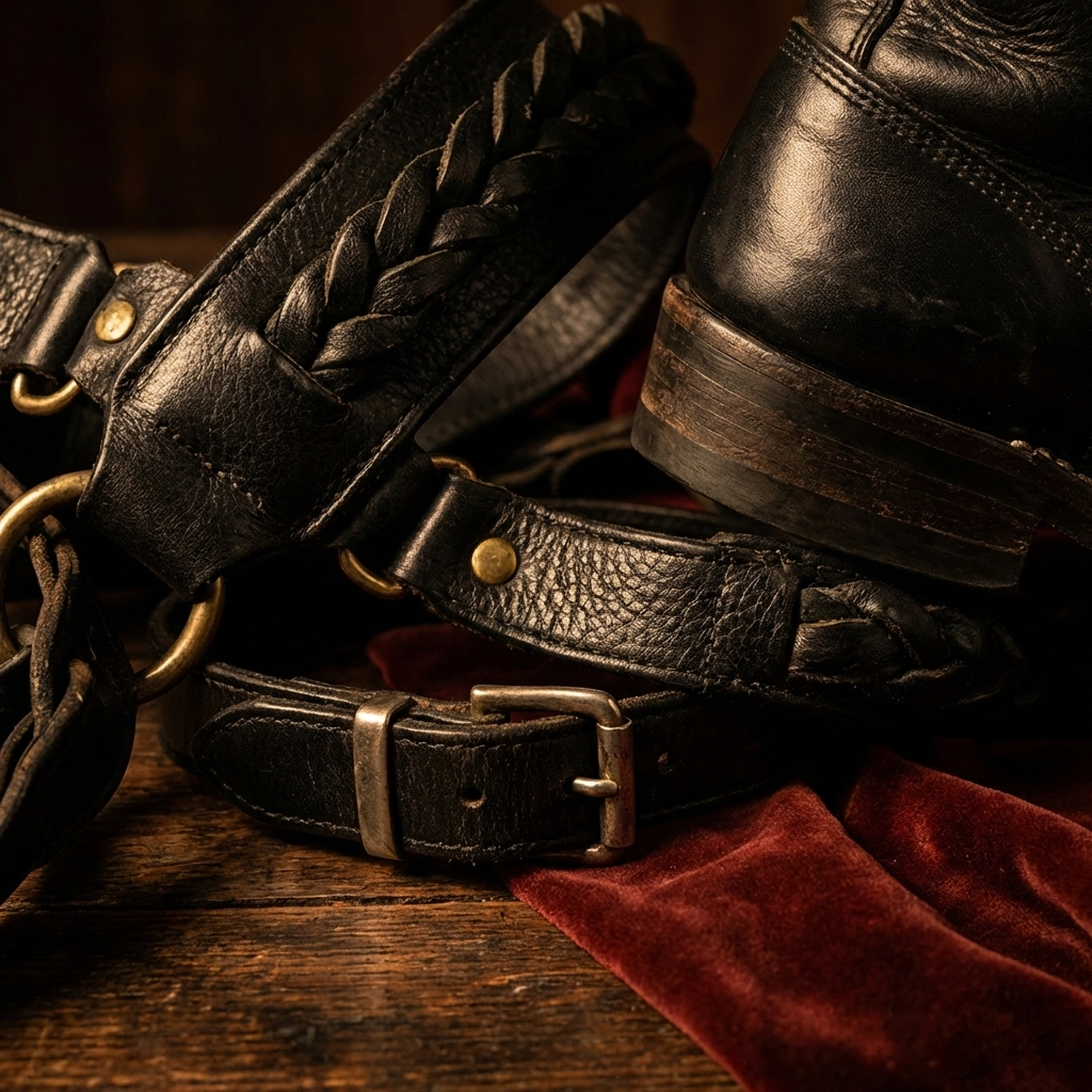 Black leather BDSM gear including harness, boots and collar showing fetish craftsmanship