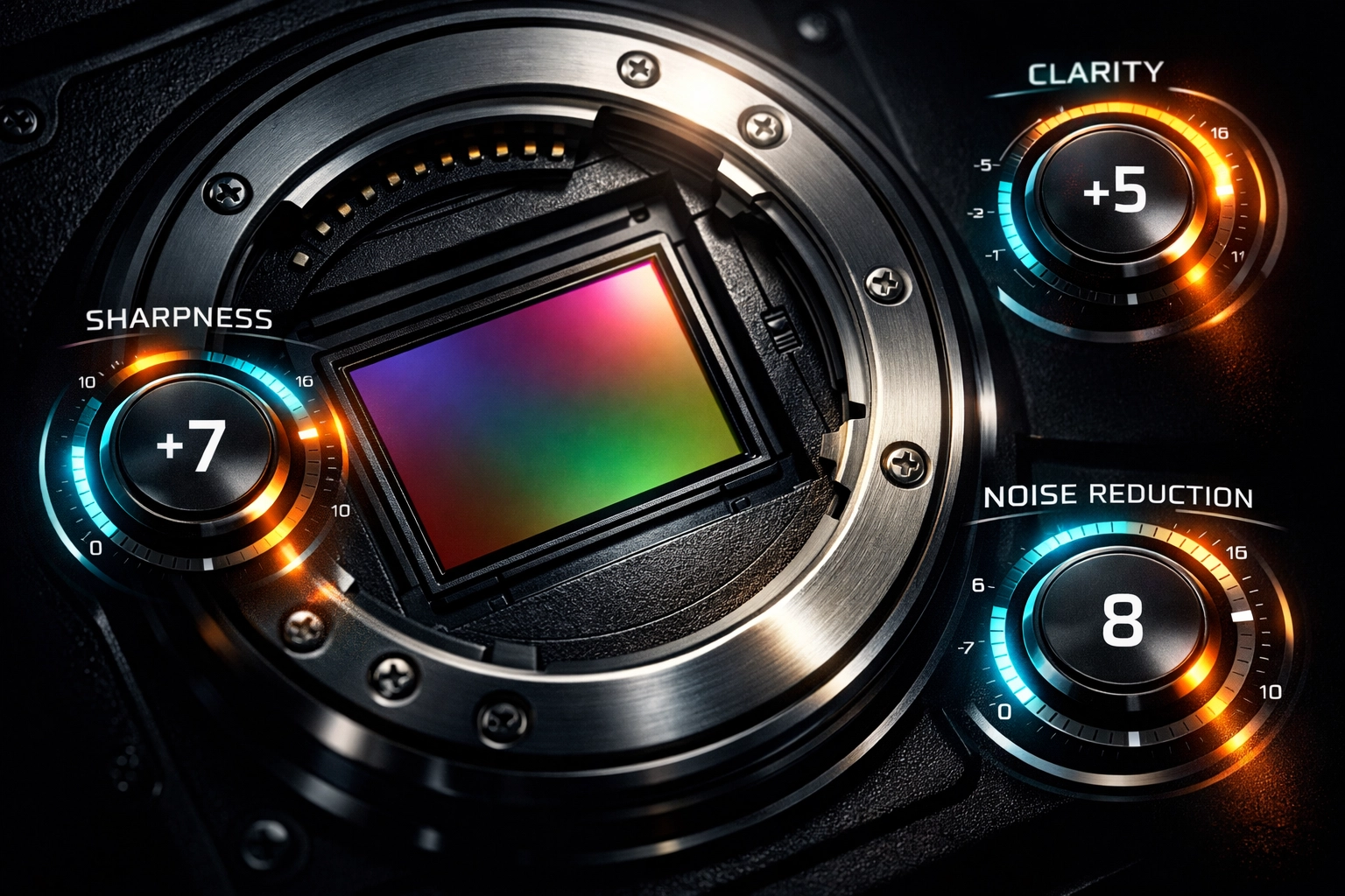 Lightroom sharpness, clarity, and noise reduction adjustment controls for fine detail editing