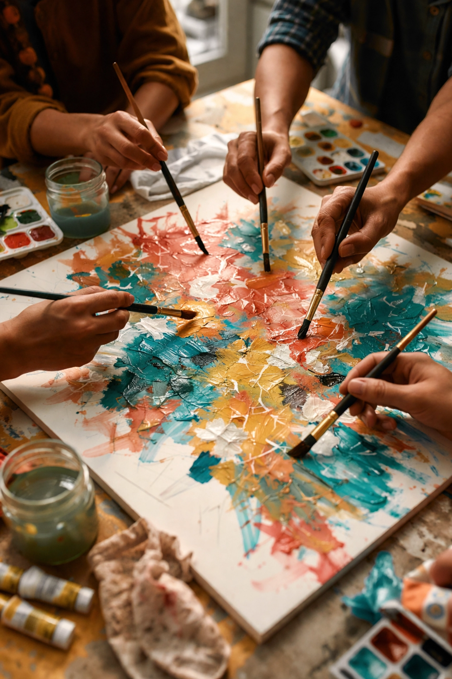 Hands of workshop participants painting together on a colorful abstract canvas, showing collaborative creativity and stress relief.