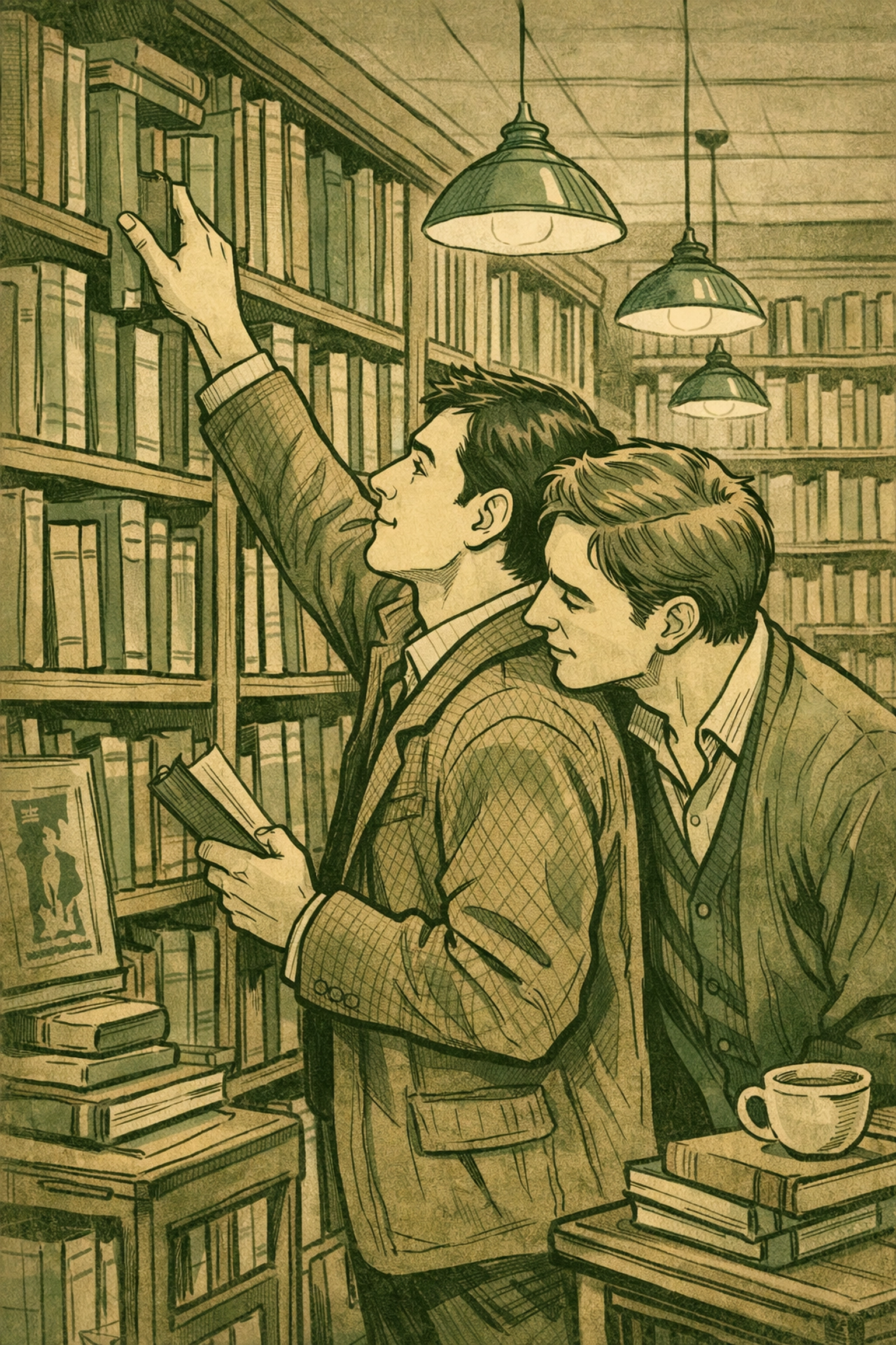Two men browsing books at vintage gay bookshop representing LGBTQ+ literary history
