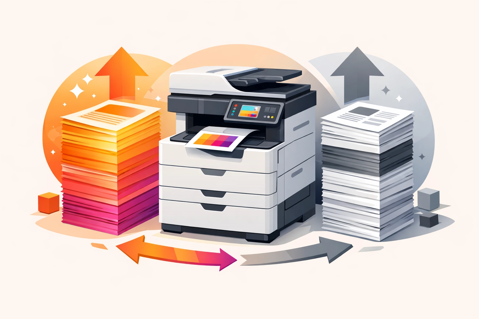 Office printer with color and black-and-white document stacks showing printing choices