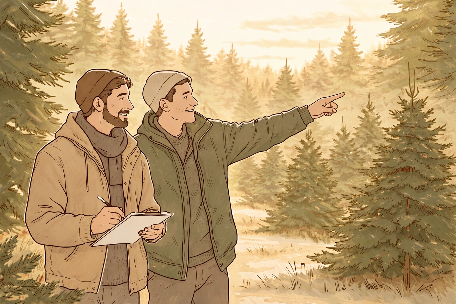 Two men working as partners on a Christmas tree farm at sunset, representing MM romance, teamwork, and found family.