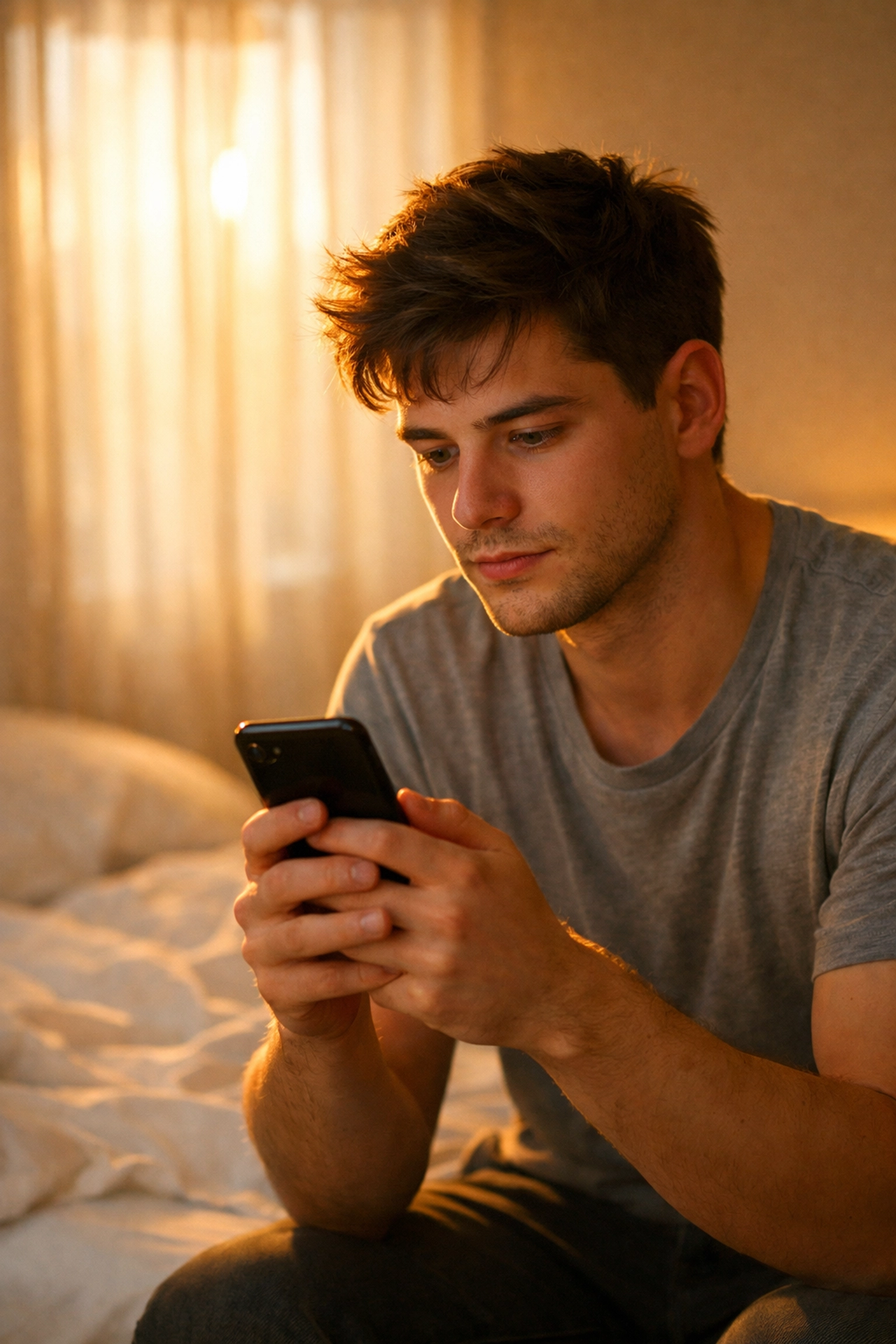 Man sitting on bed anxiously checking phone before first gay date