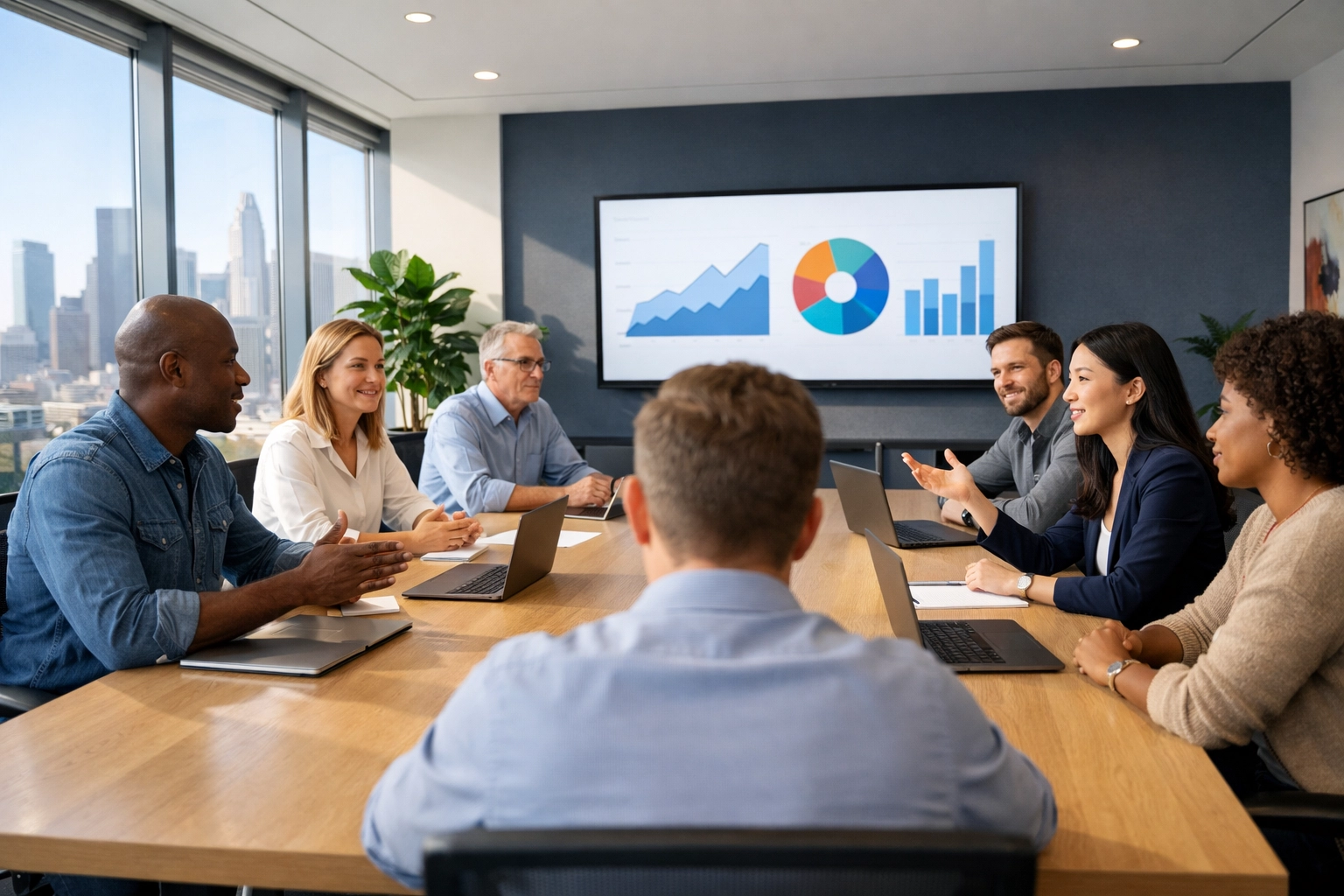 Professional media consulting team holding a strategy meeting in a corporate office for business growth.