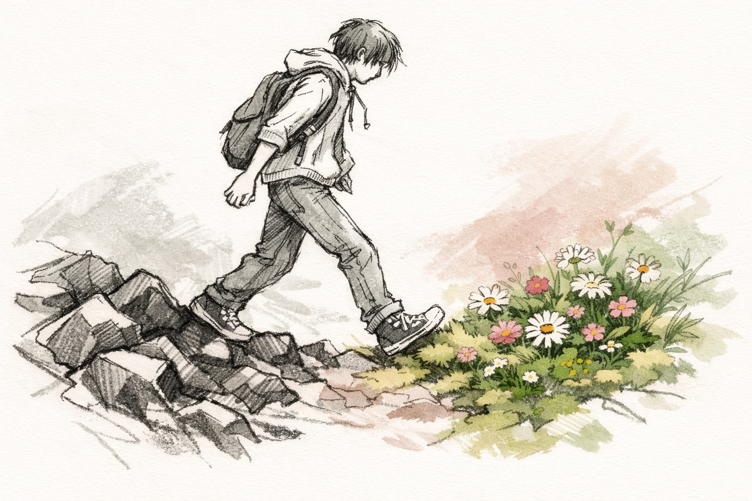 A teenager building resilience by stepping from jagged rocks onto soft moss and vibrant flowers.